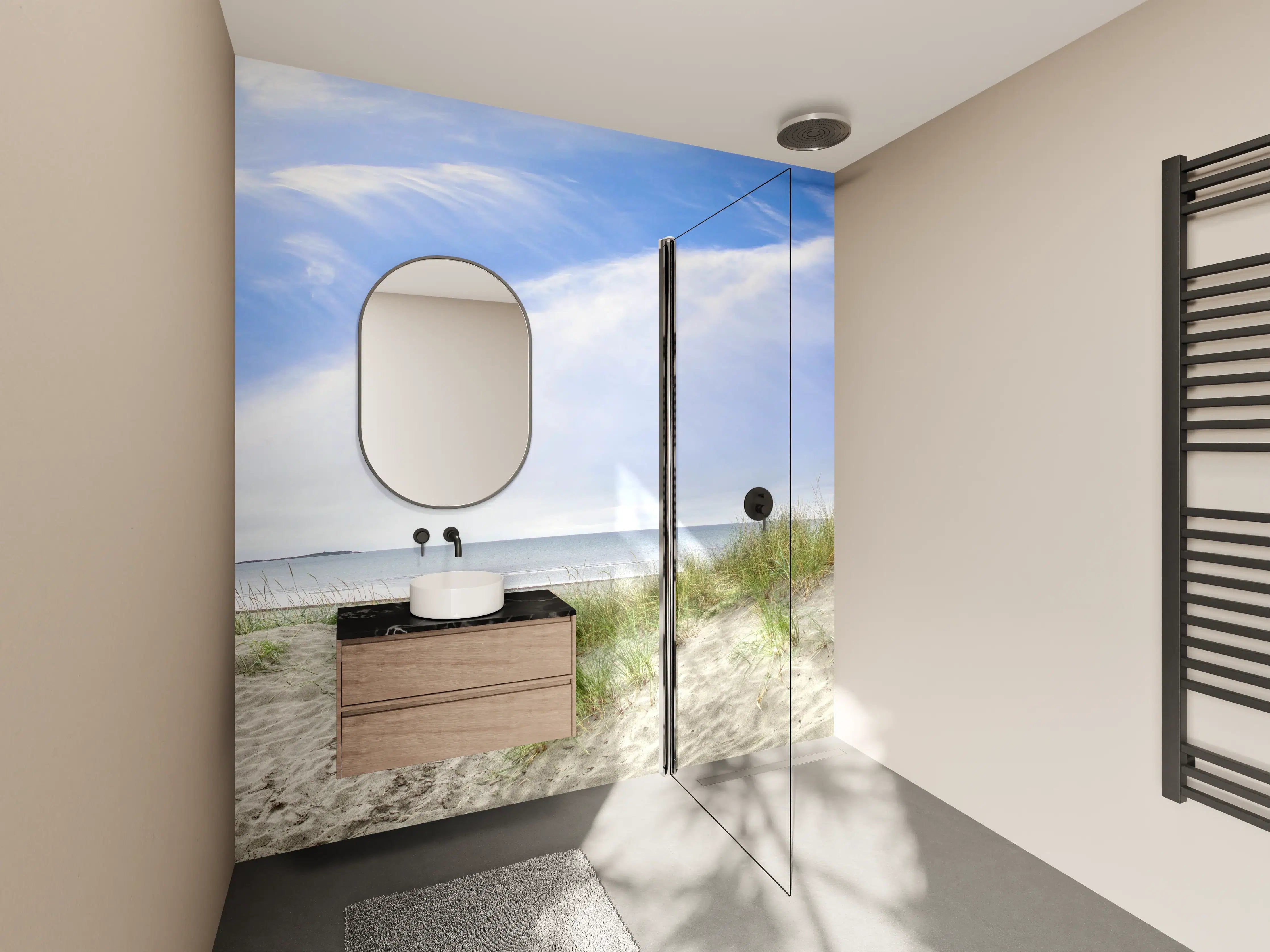 Wandverkleidung Bad - Idyllische Strandlandschaft mit Himmel und Meer