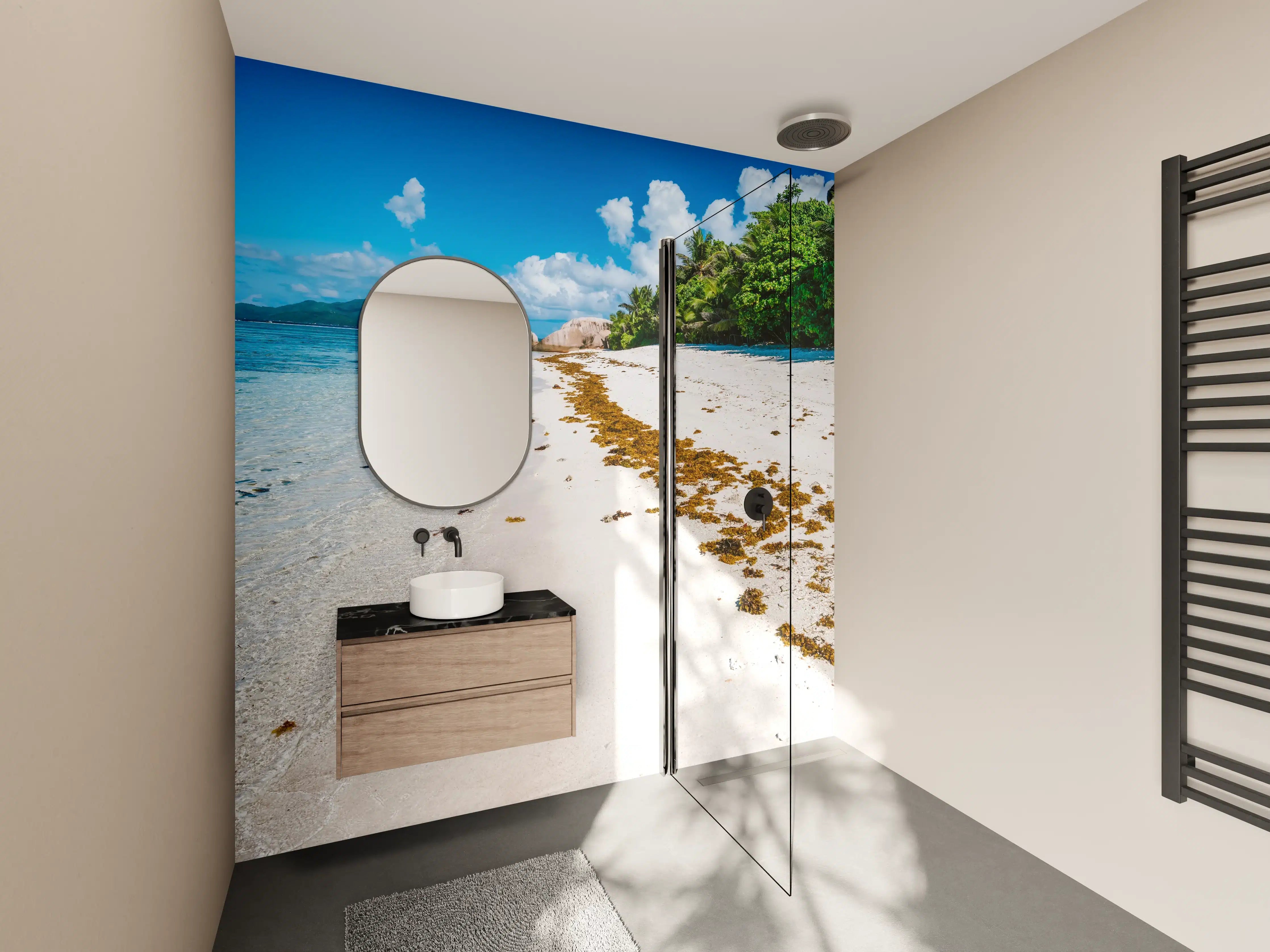 Wandverkleidung Bad - Idyllischer Strand mit klarer Meeresbrise