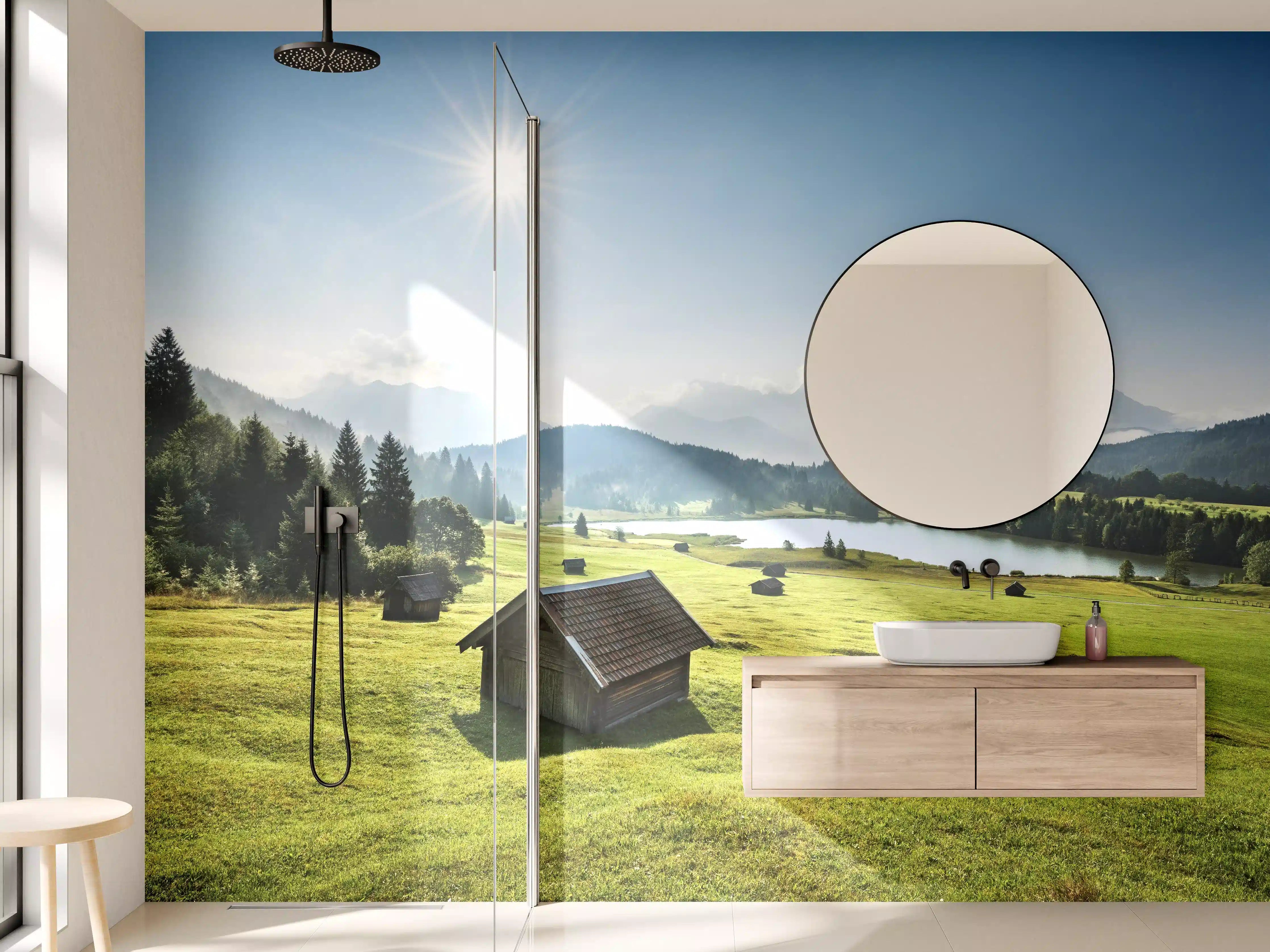 Wandverkleidung Bad - Idyllisches Alpenpanorama mit See