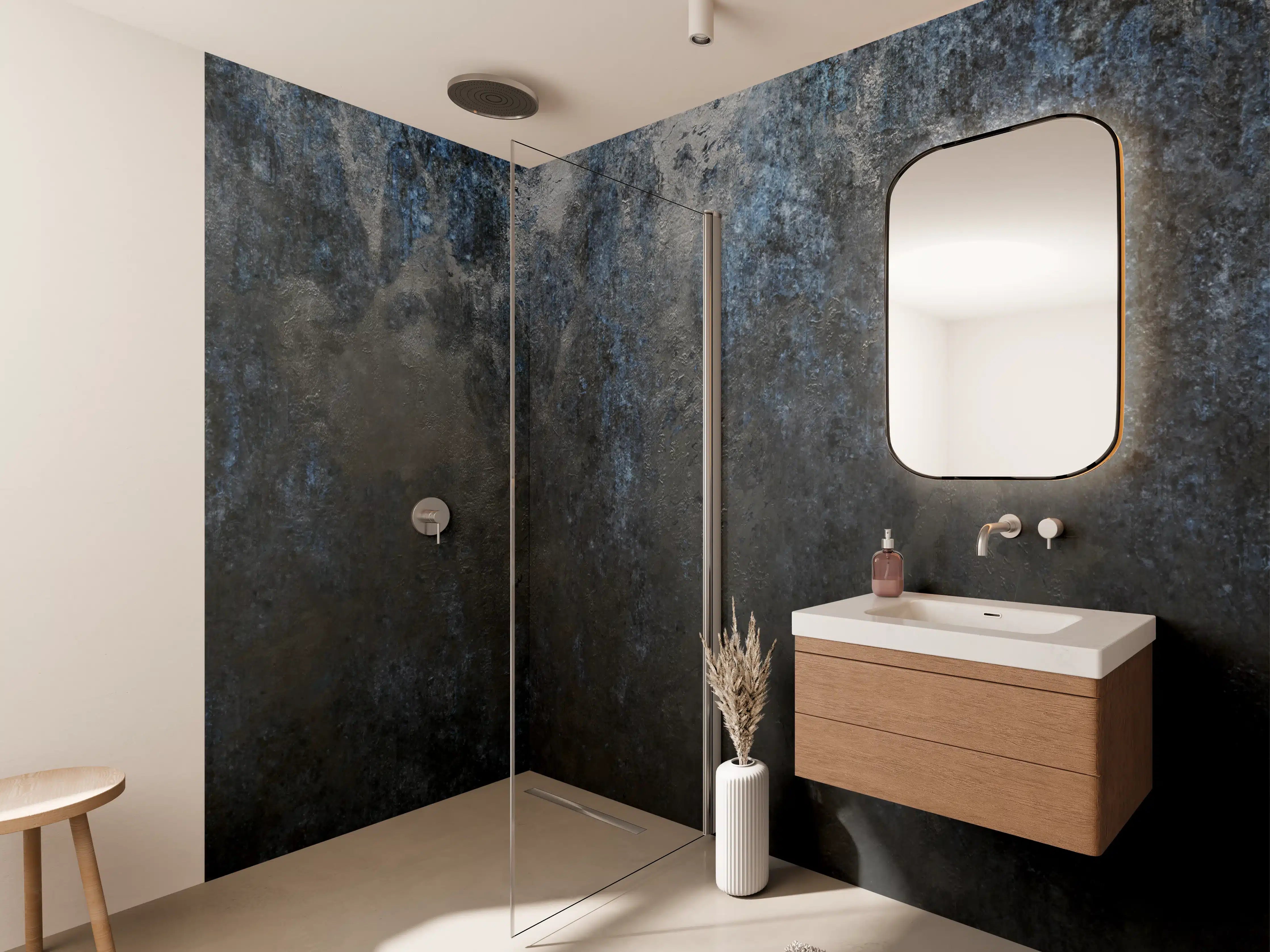 Wandverkleidung Bad - Industrielle Metalltextur in dunklen Tönen