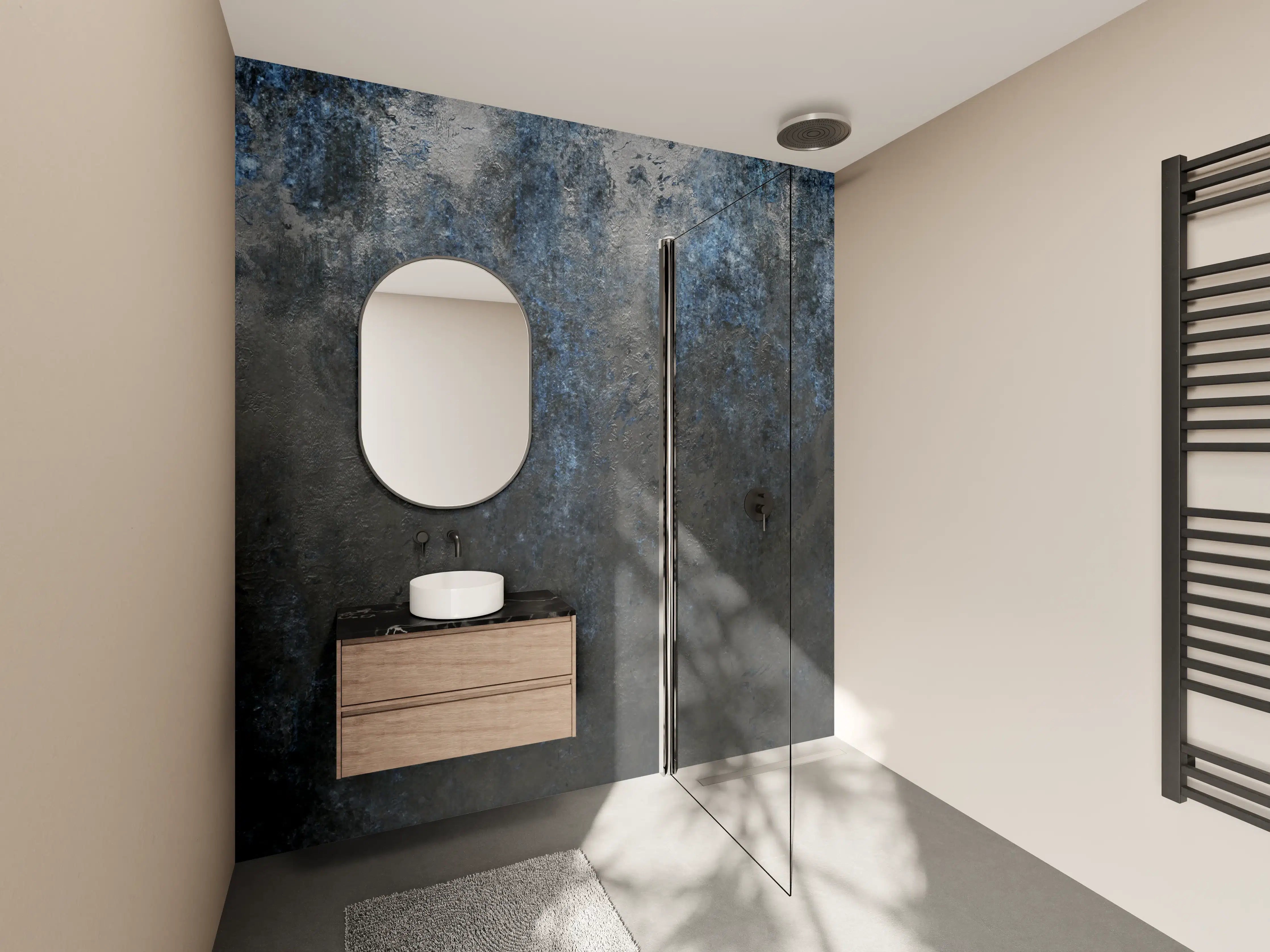 Wandverkleidung Bad - Industrielle Metalltextur in dunklen Tönen