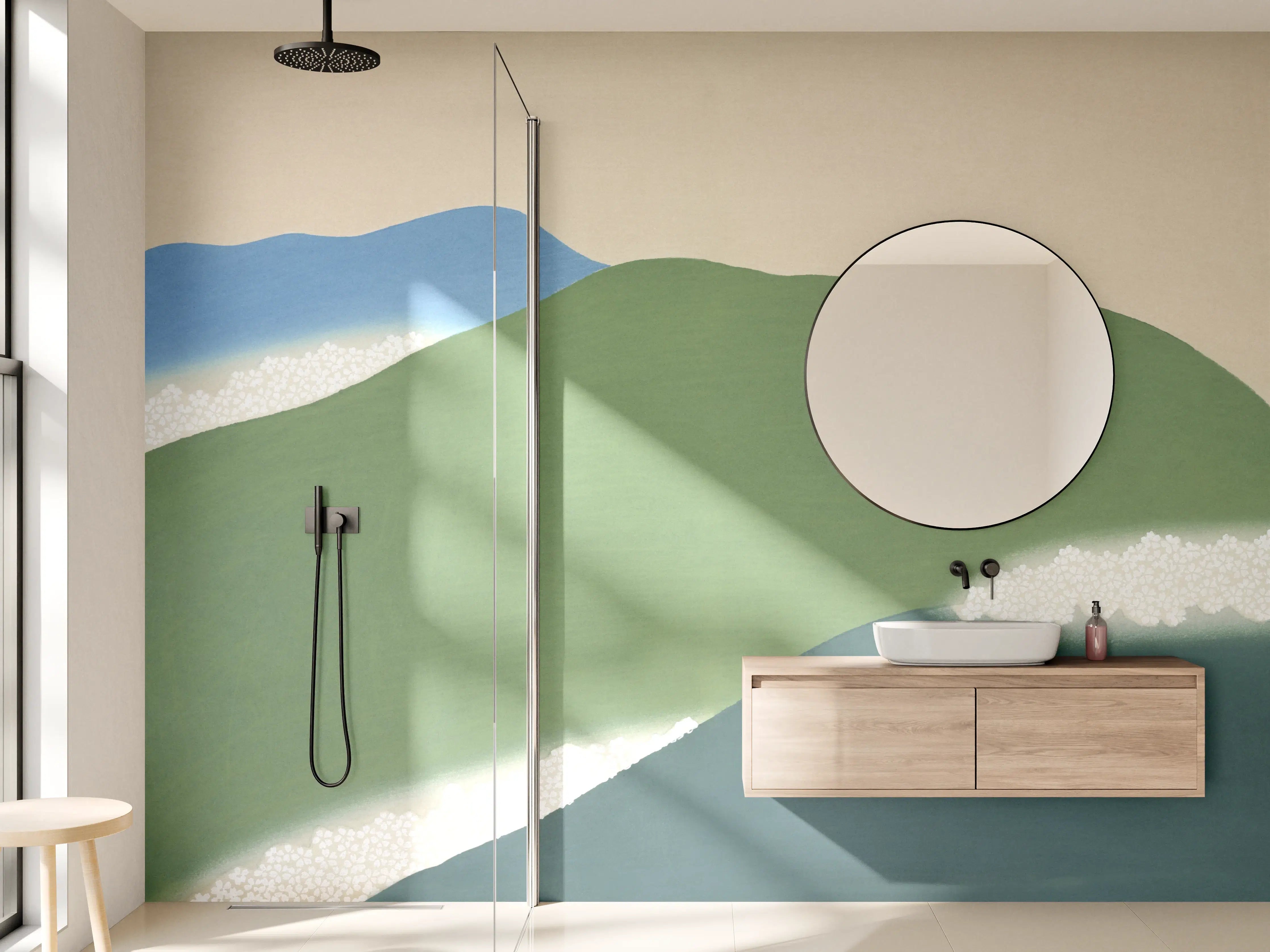 Wandverkleidung Bad - Japanische Berglandschaft Grün-Blau