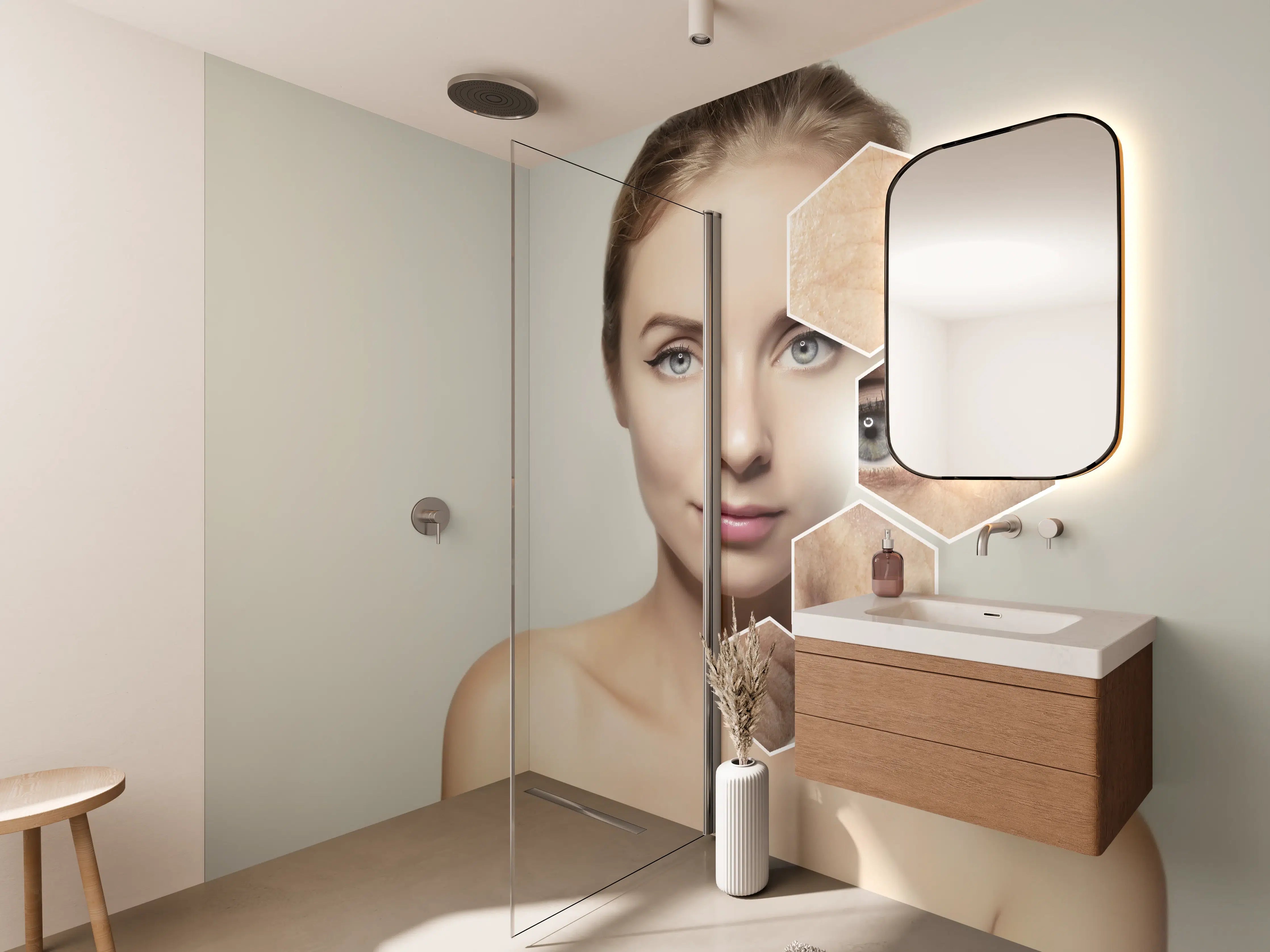 Wandverkleidung Bad - Junge Frau mit Grafikelementen alter Haut