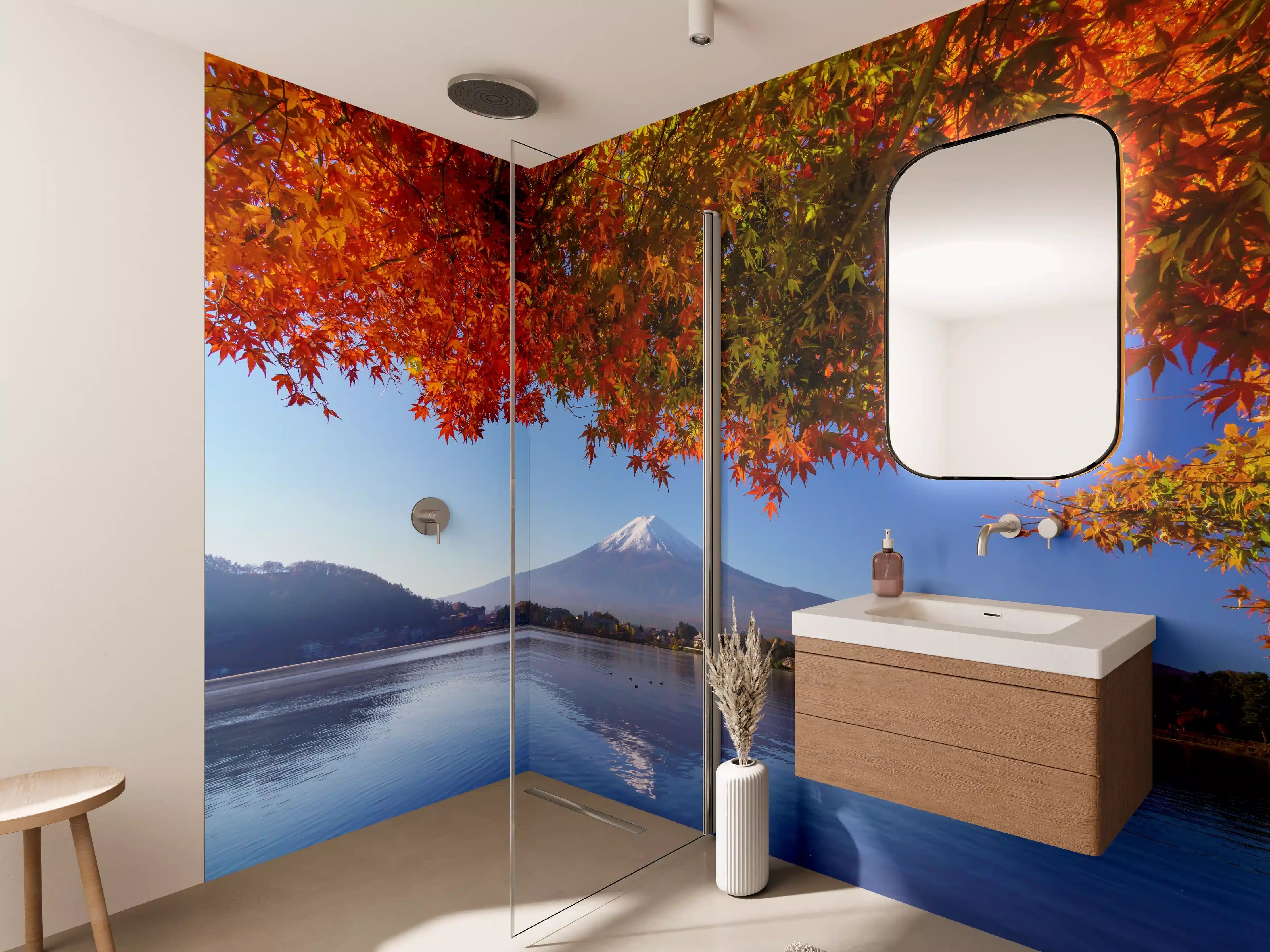 Wandverkleidung Bad - Kaiserlicher Fuji vor herbstlichem Laub