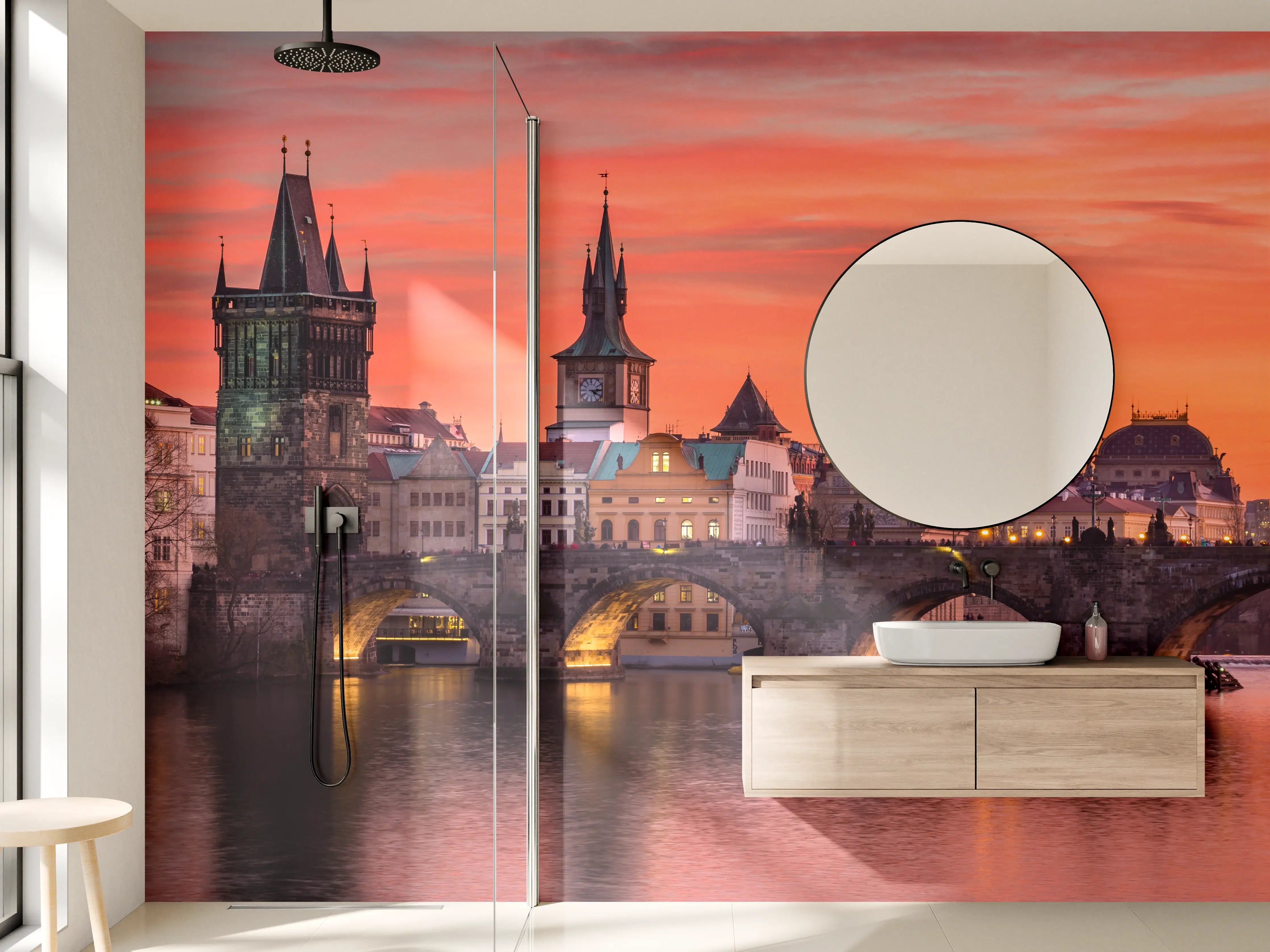 Wandverkleidung Bad - Karlsbrücke in Prag bei Sonnenuntergang