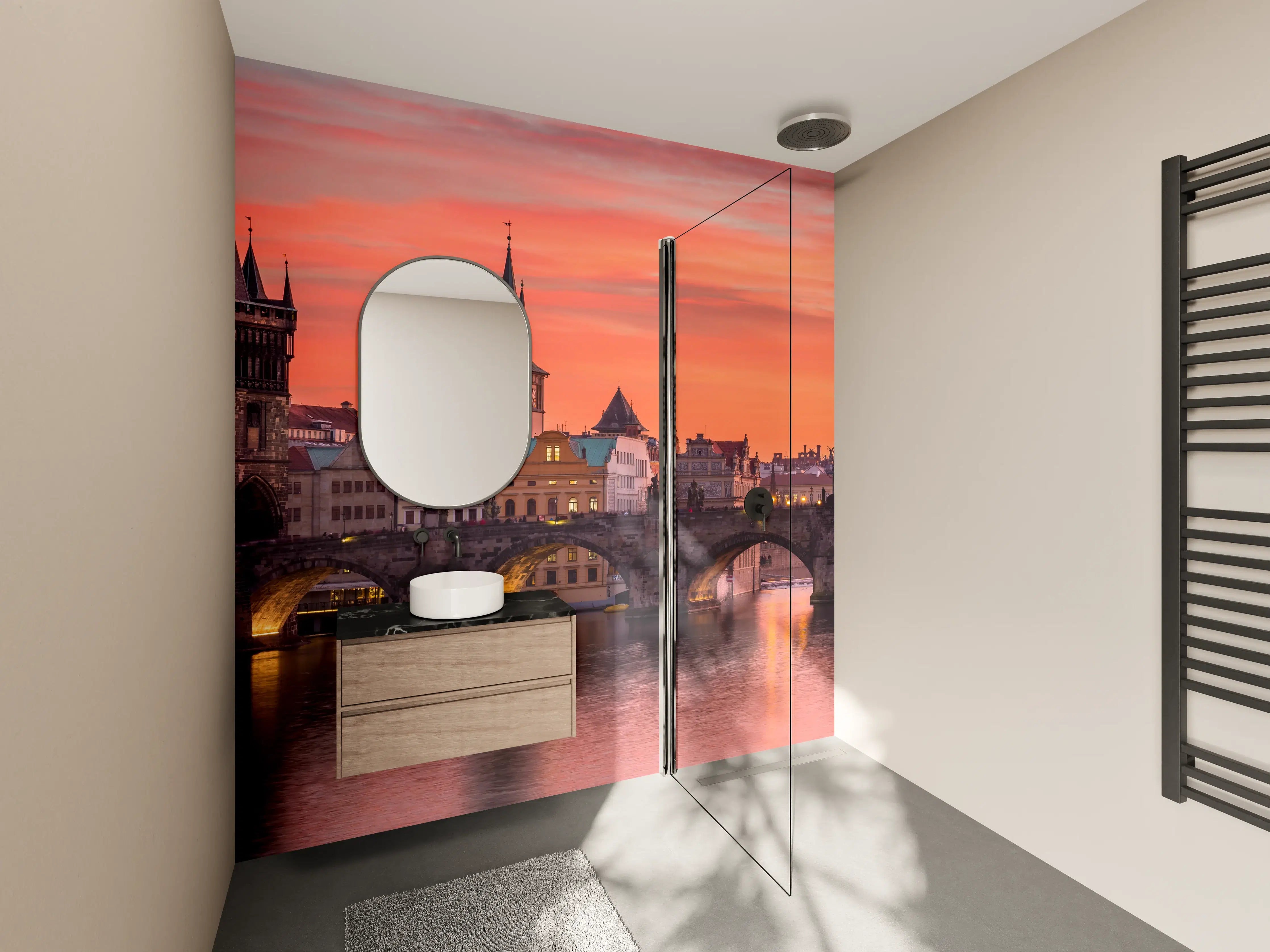 Wandverkleidung Bad - Karlsbrücke in Prag bei Sonnenuntergang