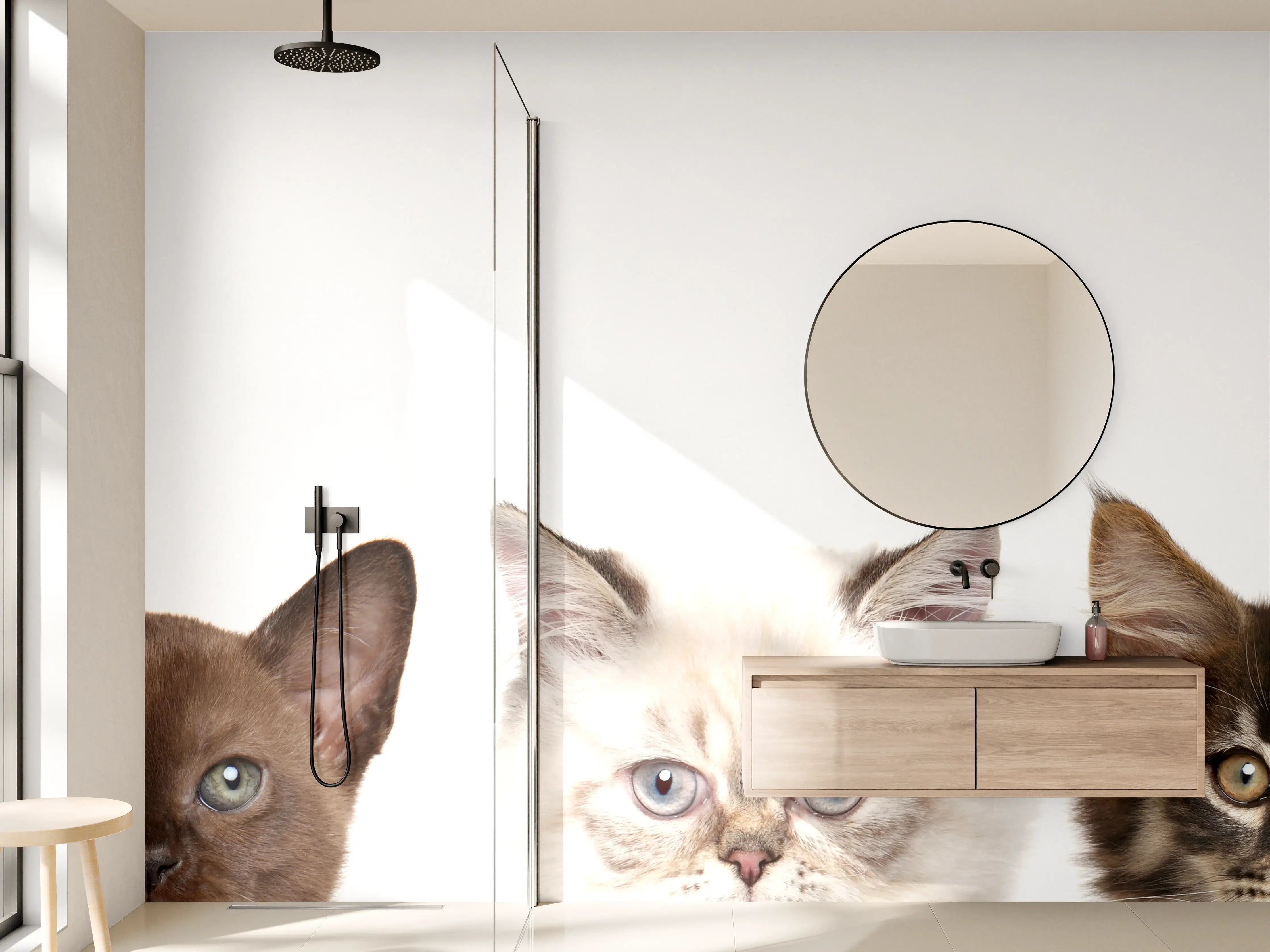Wandverkleidung Bad - Katzen-Kopf-Reihe in Weiß-Grau