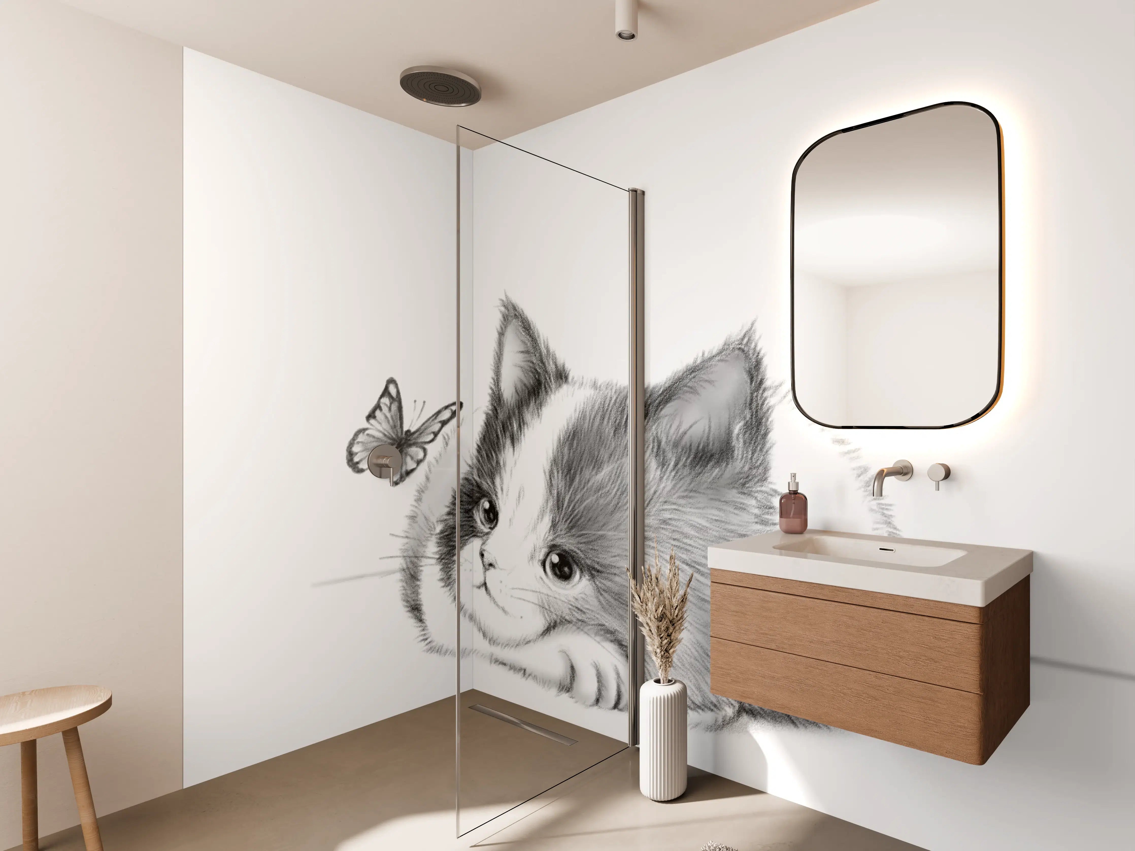 Wandverkleidung Bad - Kindermotiv einer Katze - Schwarz-weiß