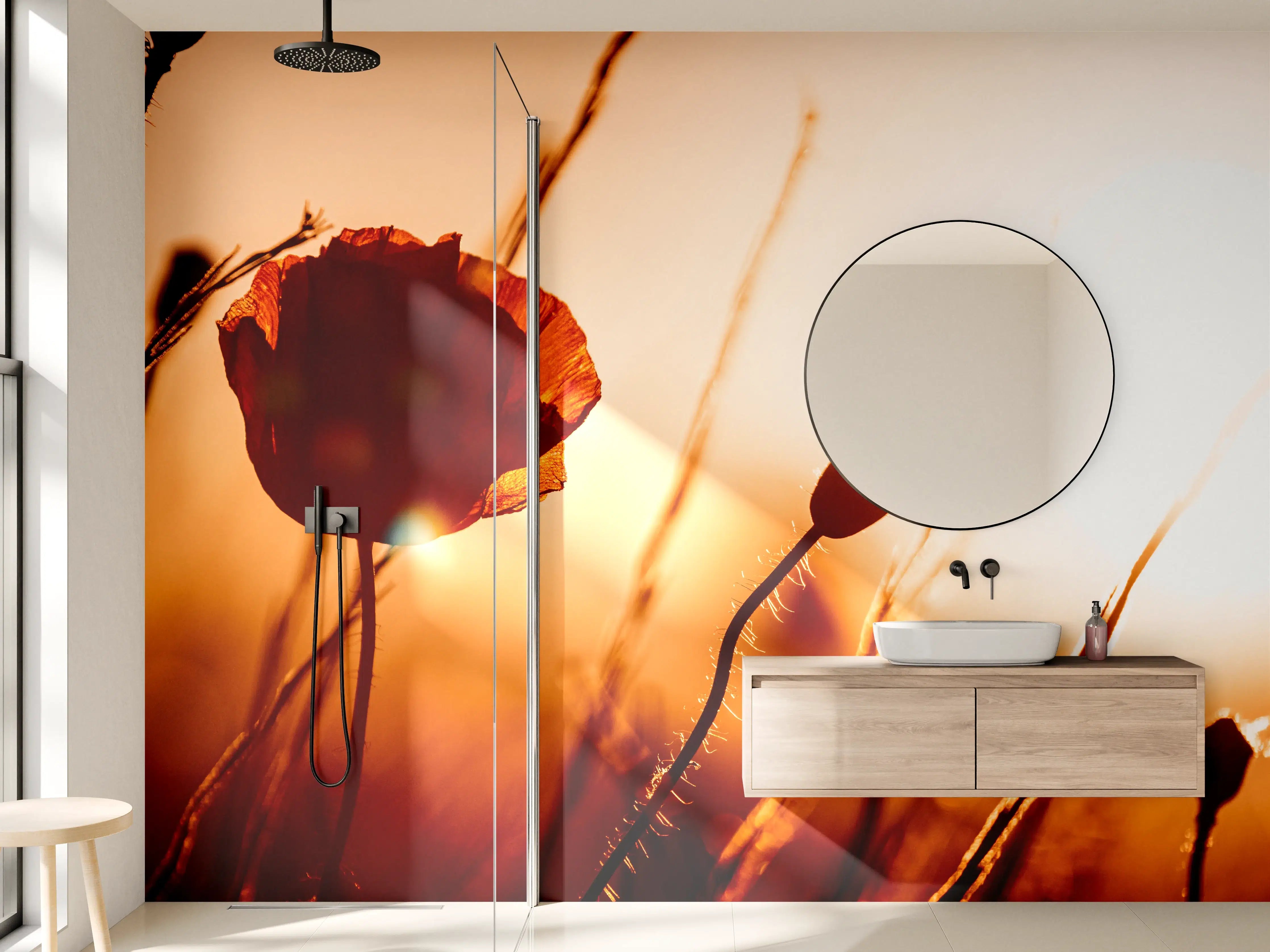 Wandverkleidung Bad - Klatschmohn bei Sonnenuntergang