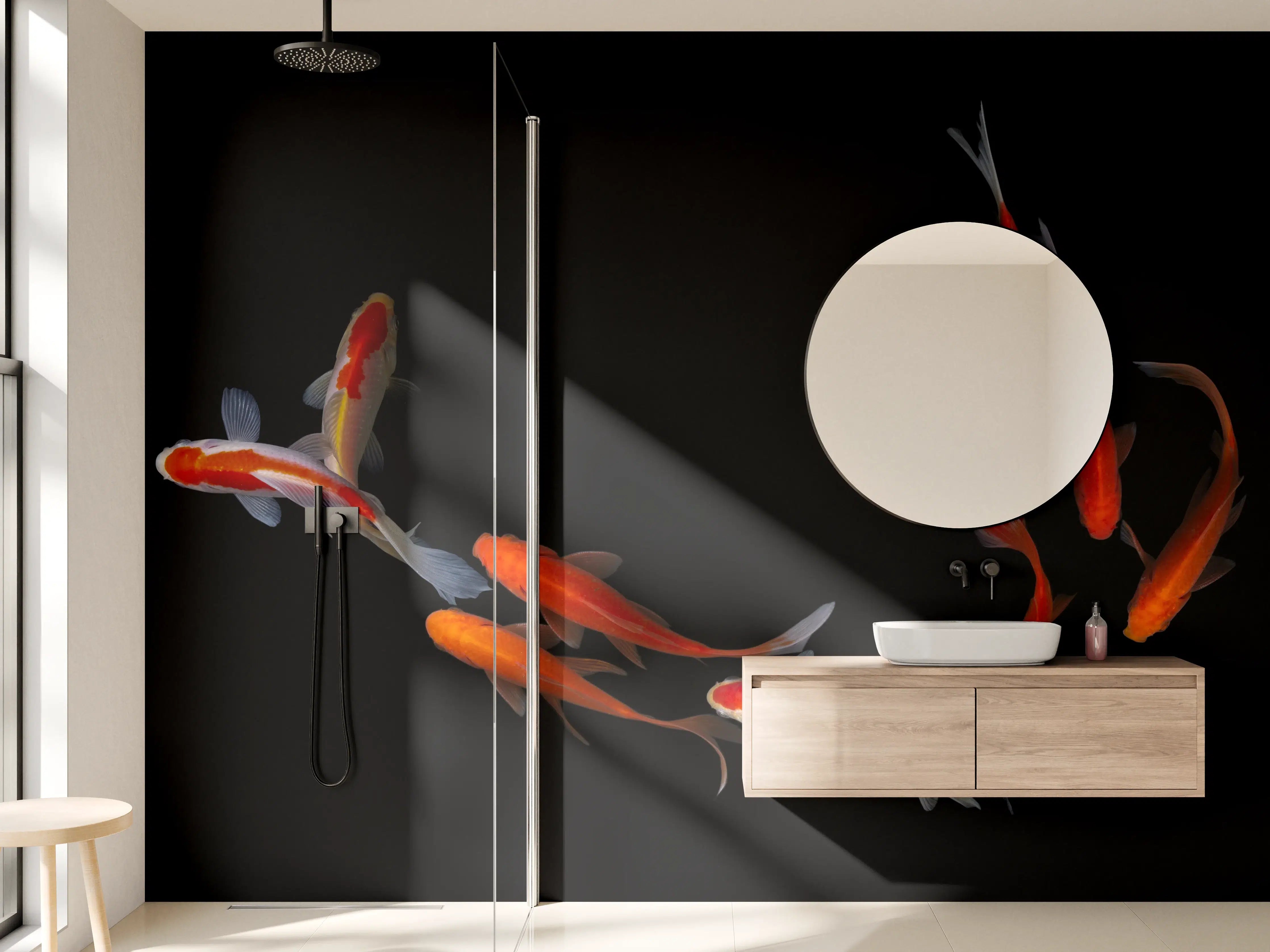 Wandverkleidung Bad - Koi Fische auf schwarzem Hintergrund