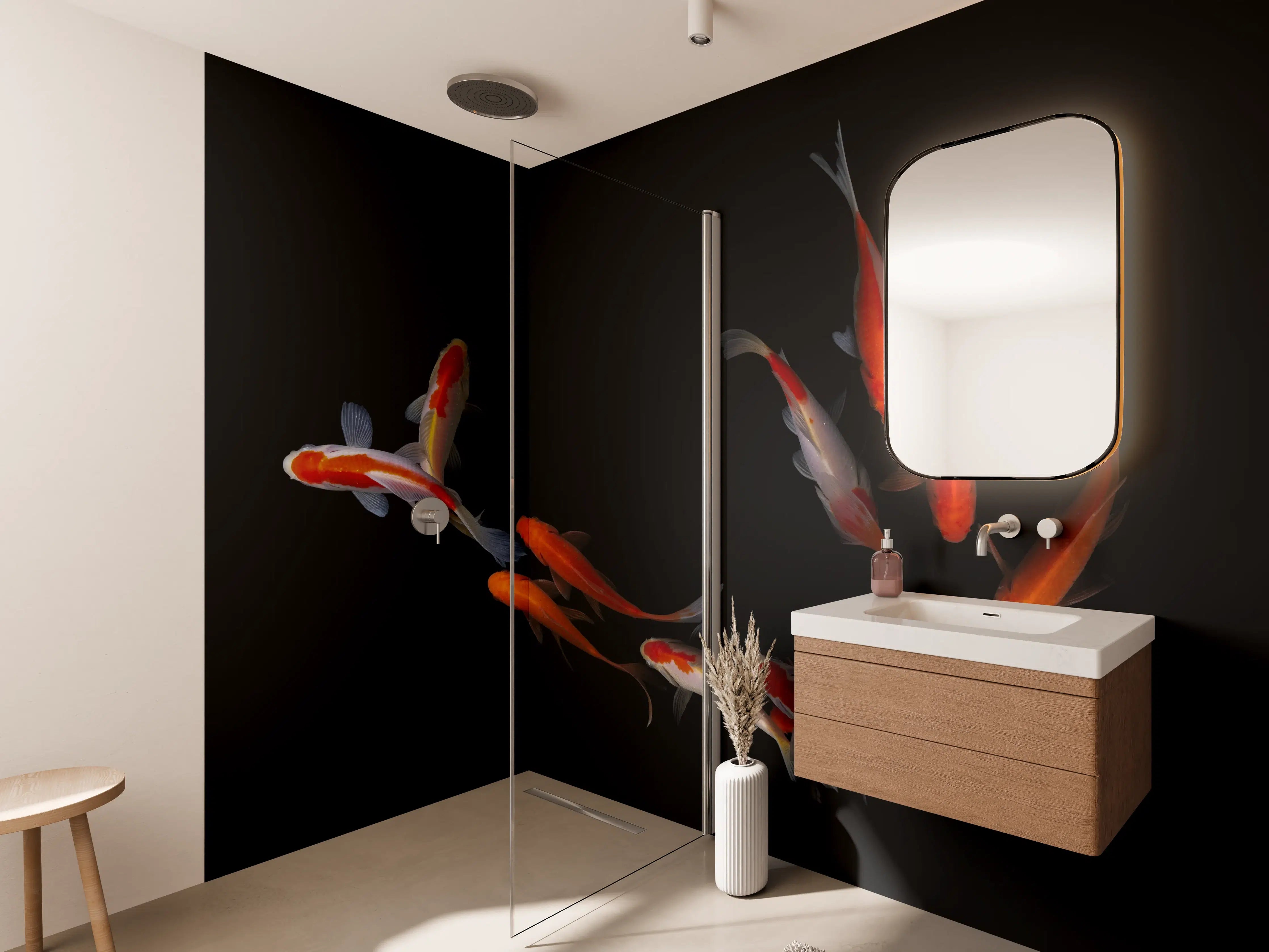 Wandverkleidung Bad - Koi Fische auf schwarzem Hintergrund