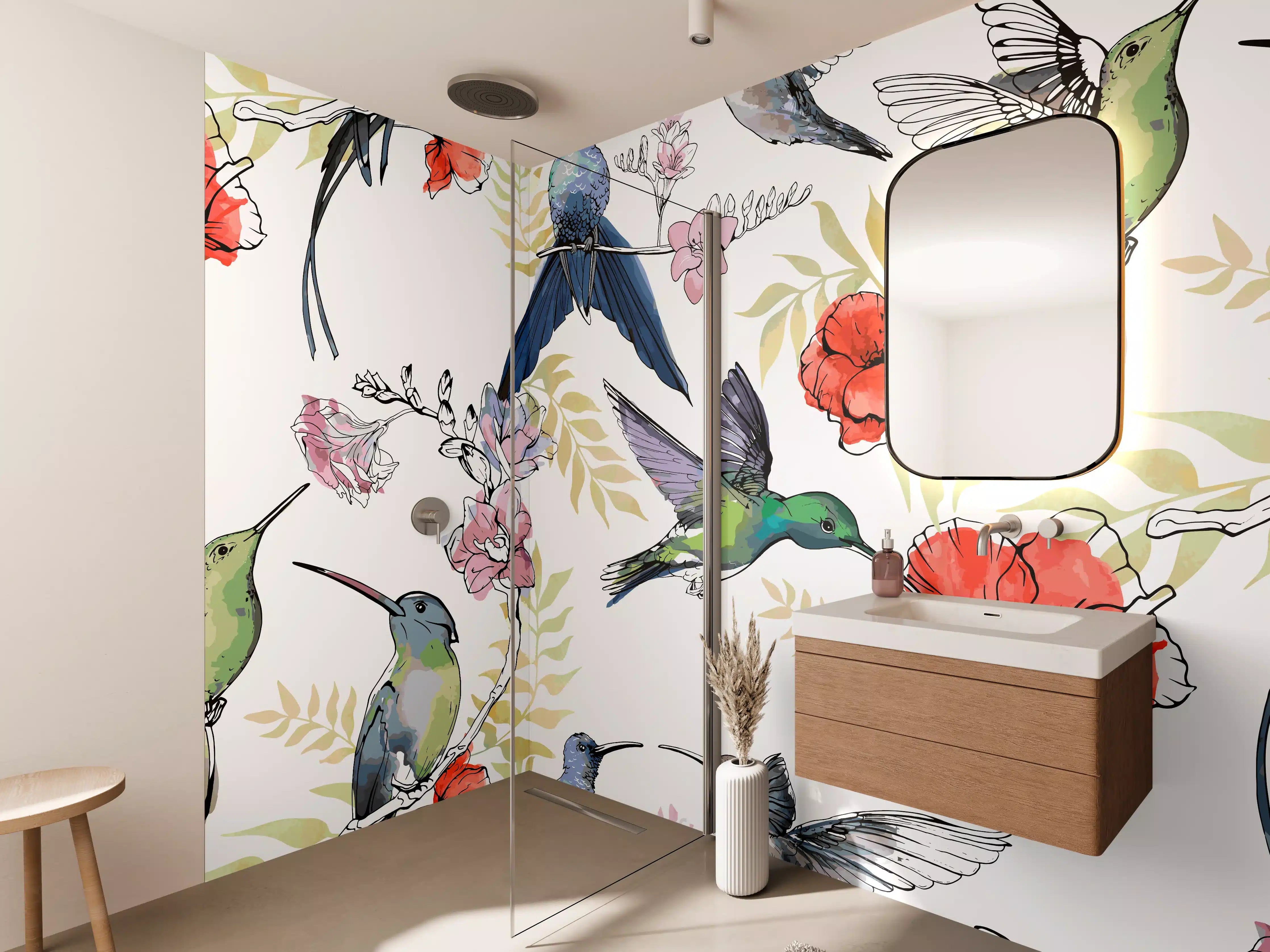 Wandverkleidung Bad - Kolibri Blumenmuster Design