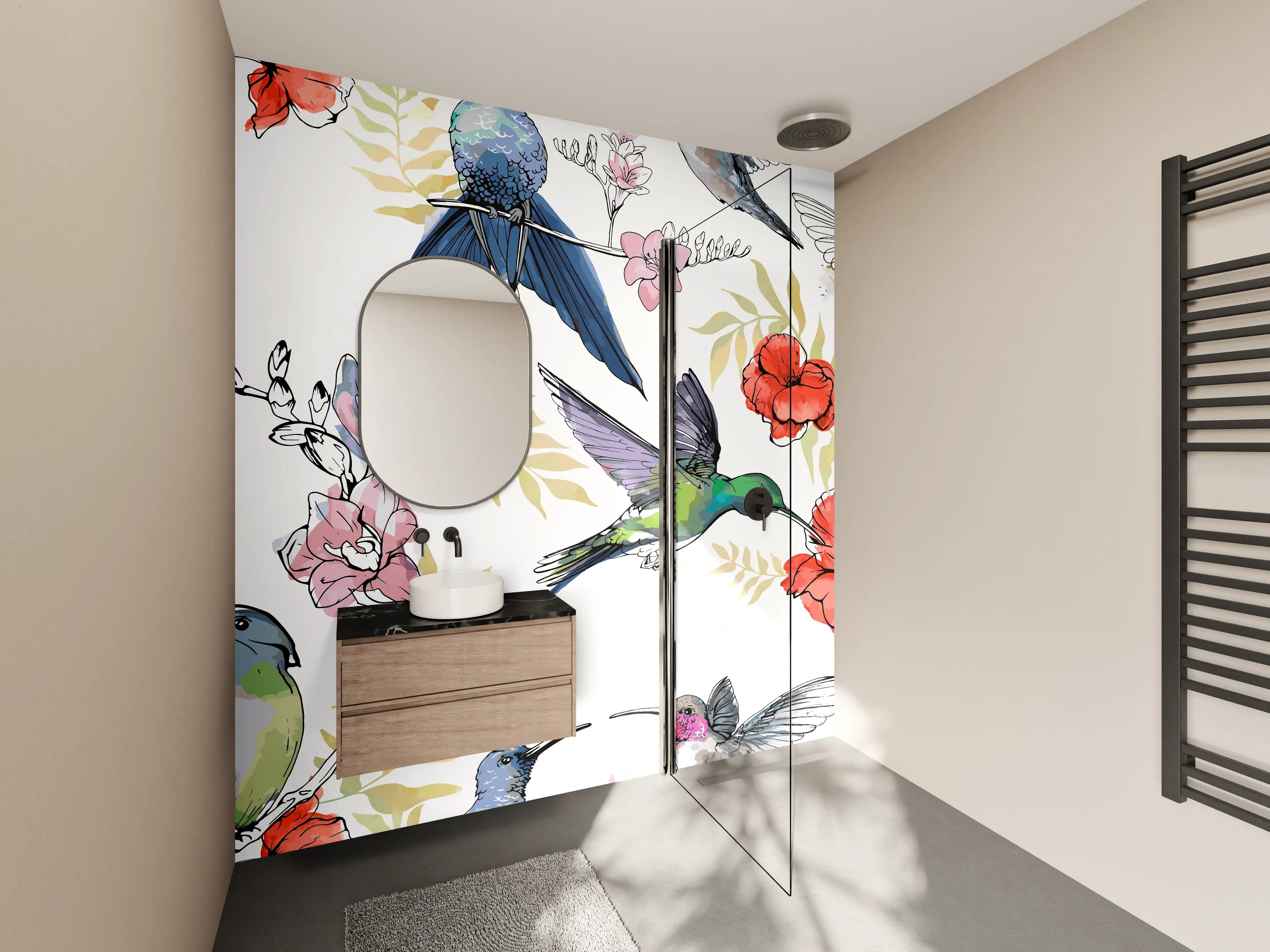 Wandverkleidung Bad - Kolibri Blumenmuster Design