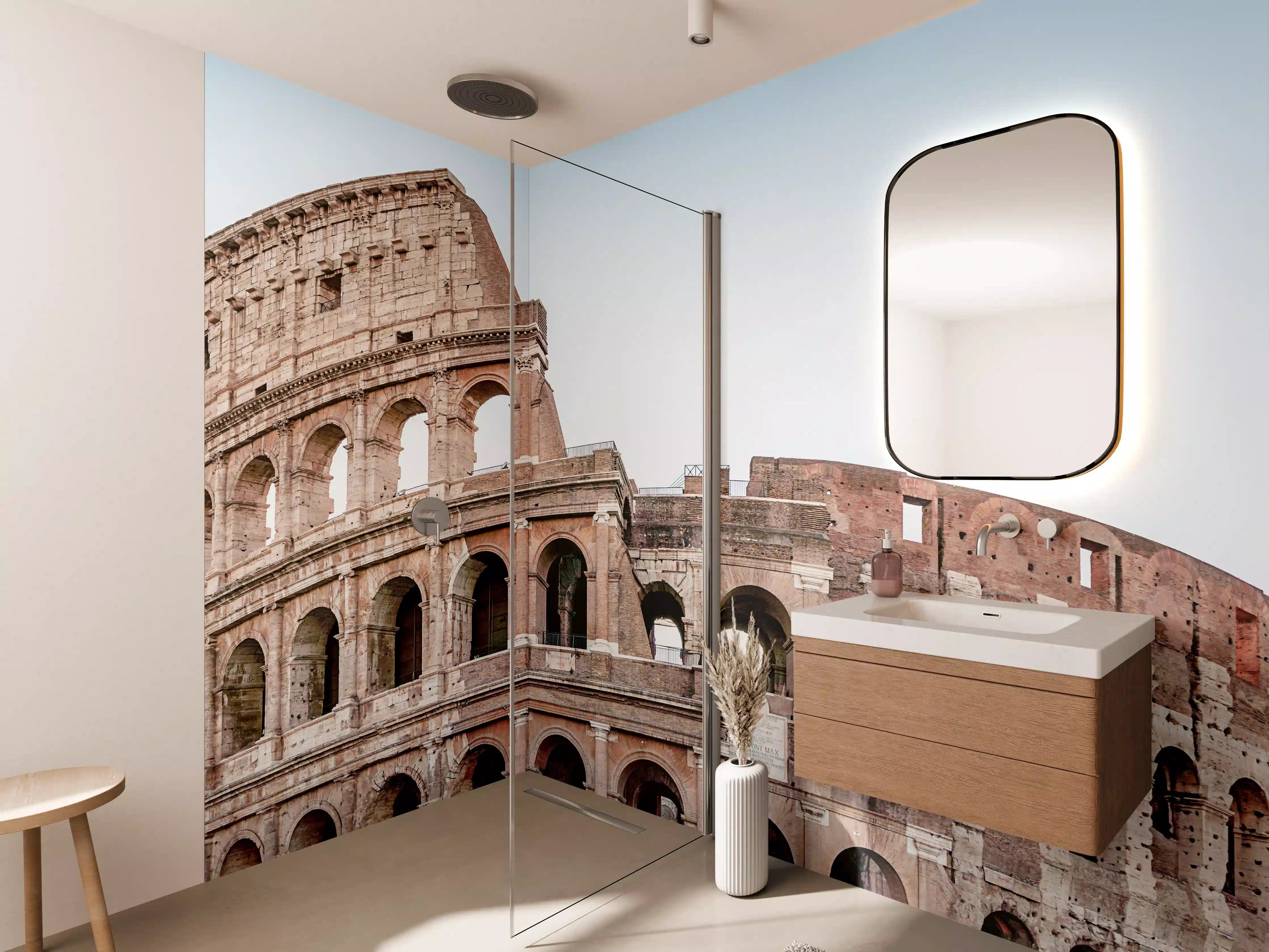 Wandverkleidung Bad - Kolosseum Panorama Rom Beige-Blau