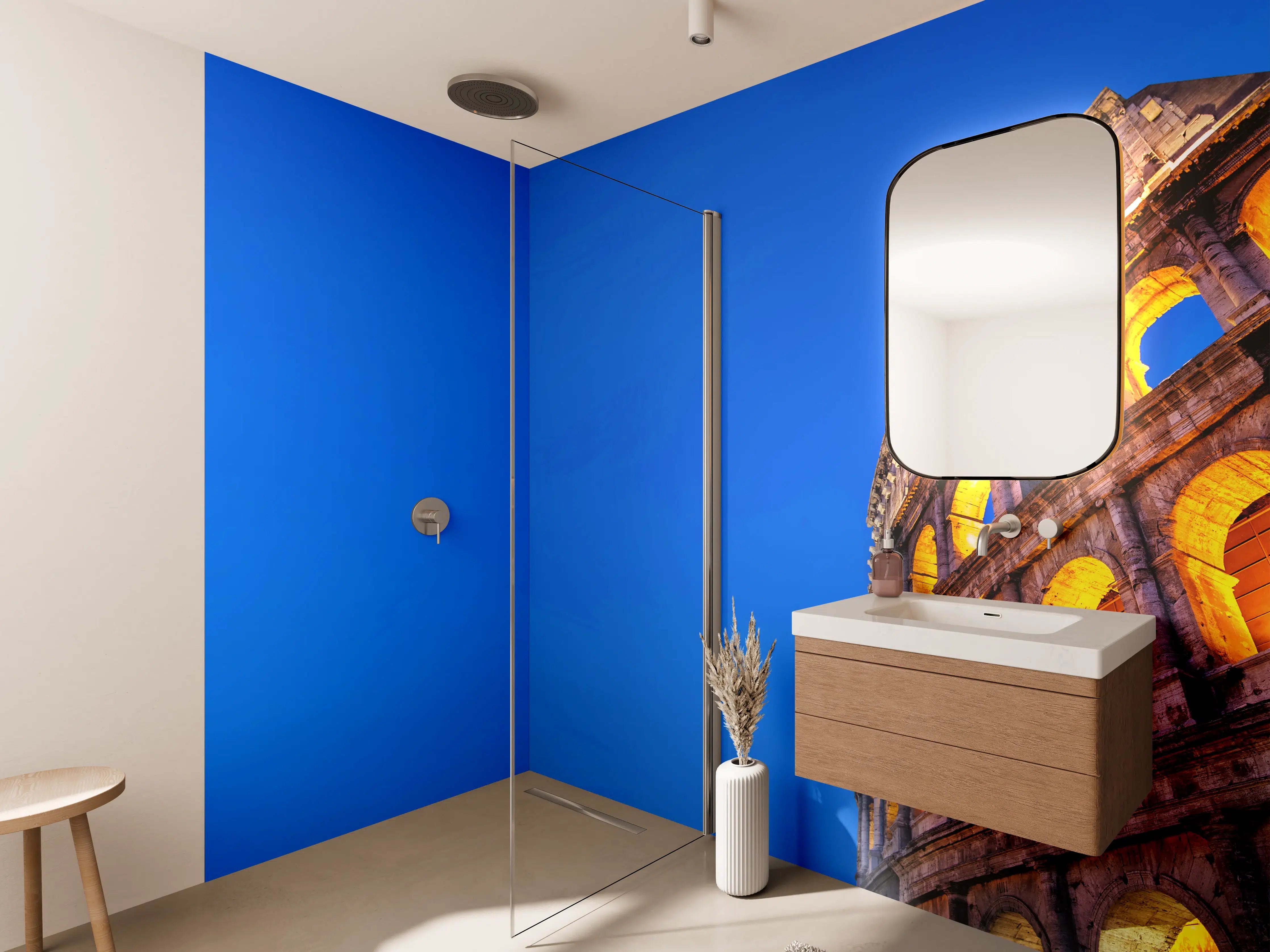 Wandverkleidung Bad - Kolosseum bei Nacht Blau-Orange