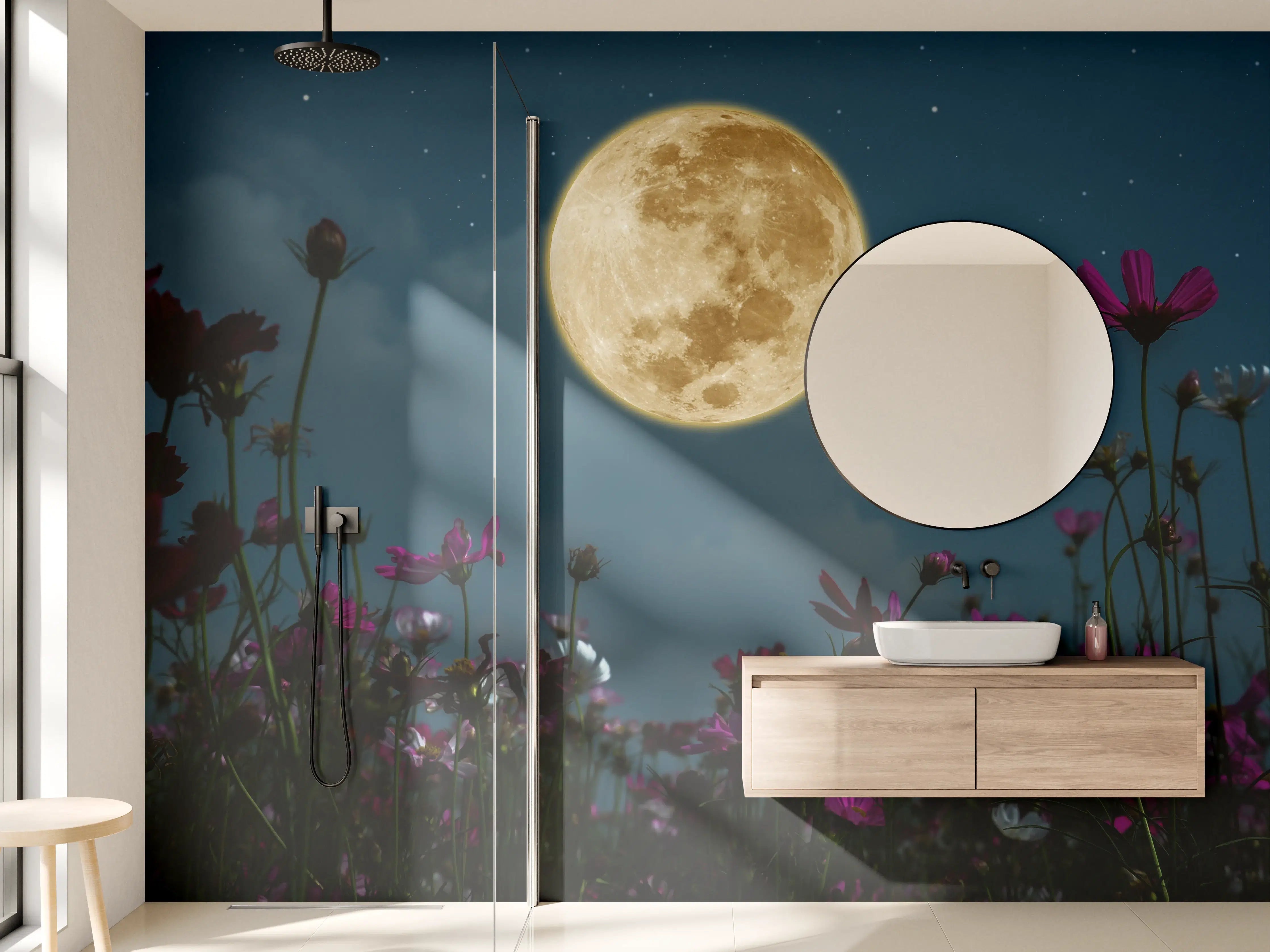 Wandverkleidung Bad - Kosmosblüten bei Vollmond