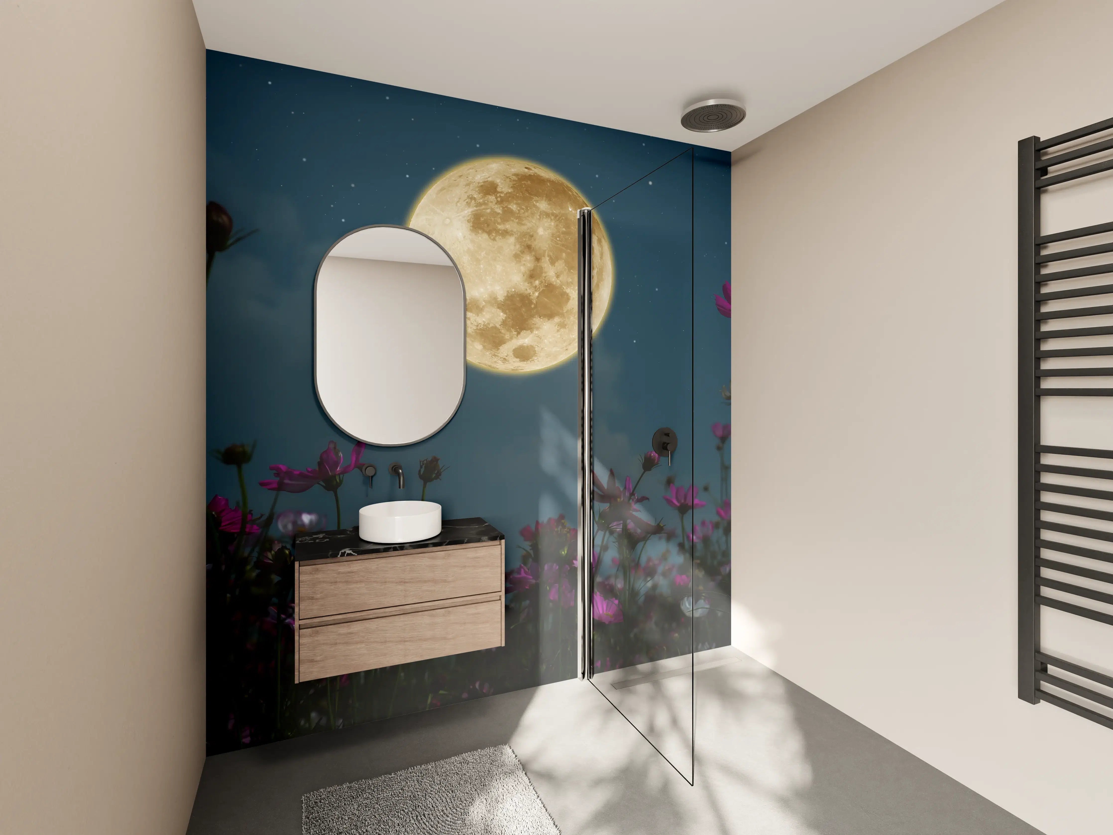 Wandverkleidung Bad - Kosmosblüten bei Vollmond