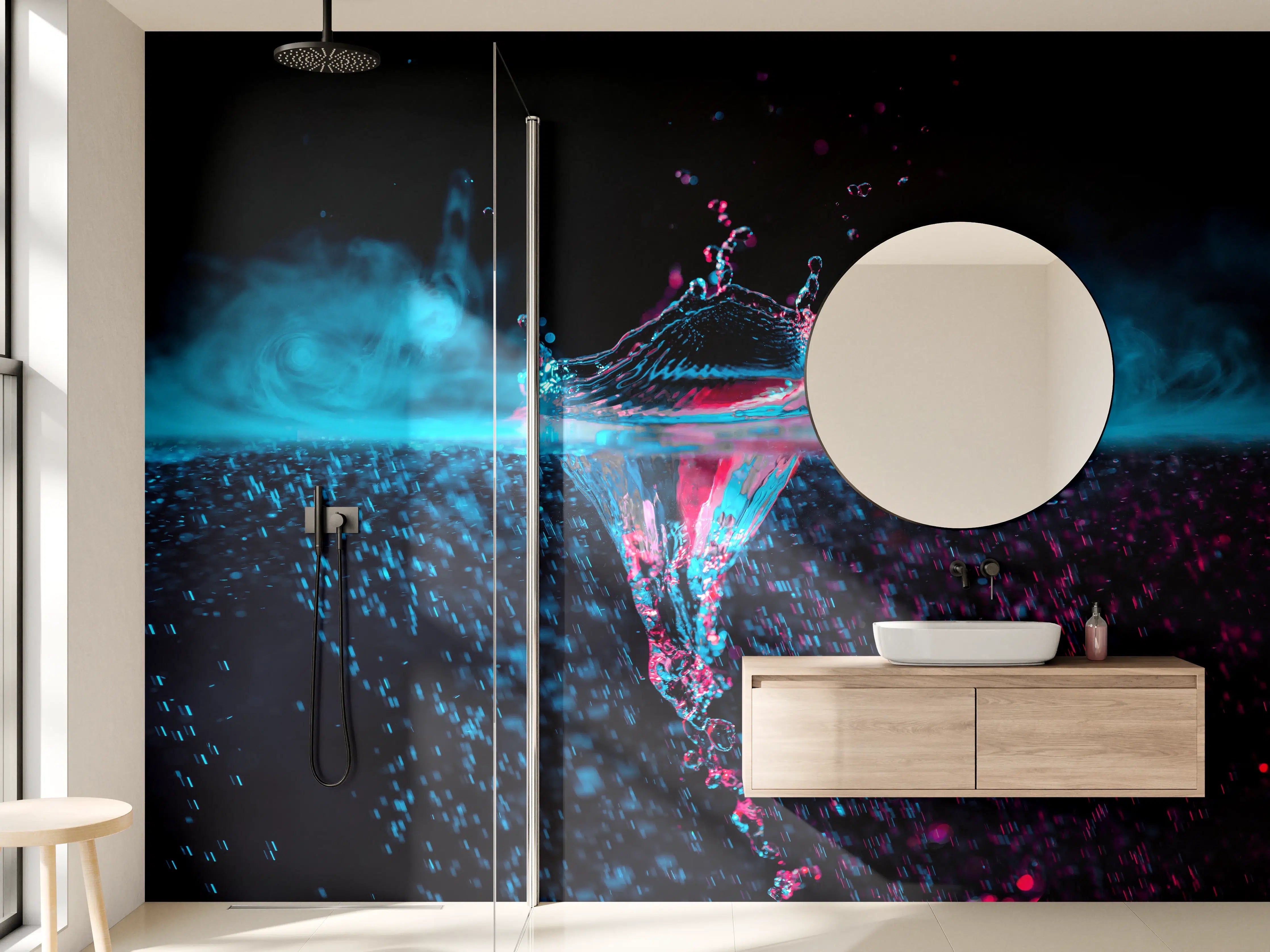 Wandverkleidung Bad - Krone Wasserspritzer mit blauem Rauch über Wasser