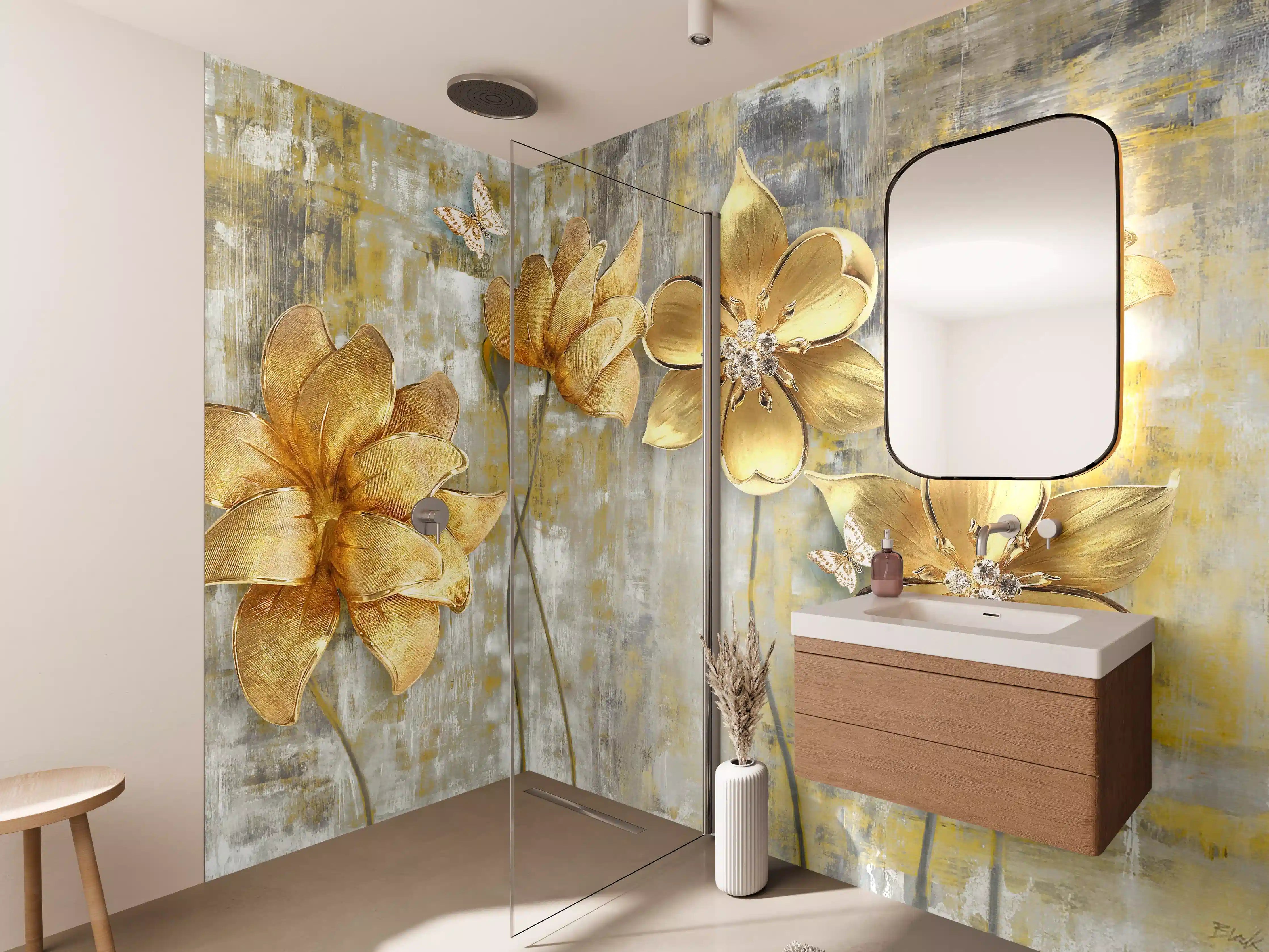 Wandverkleidung Bad - Künstlerische Blattgold-Blumen