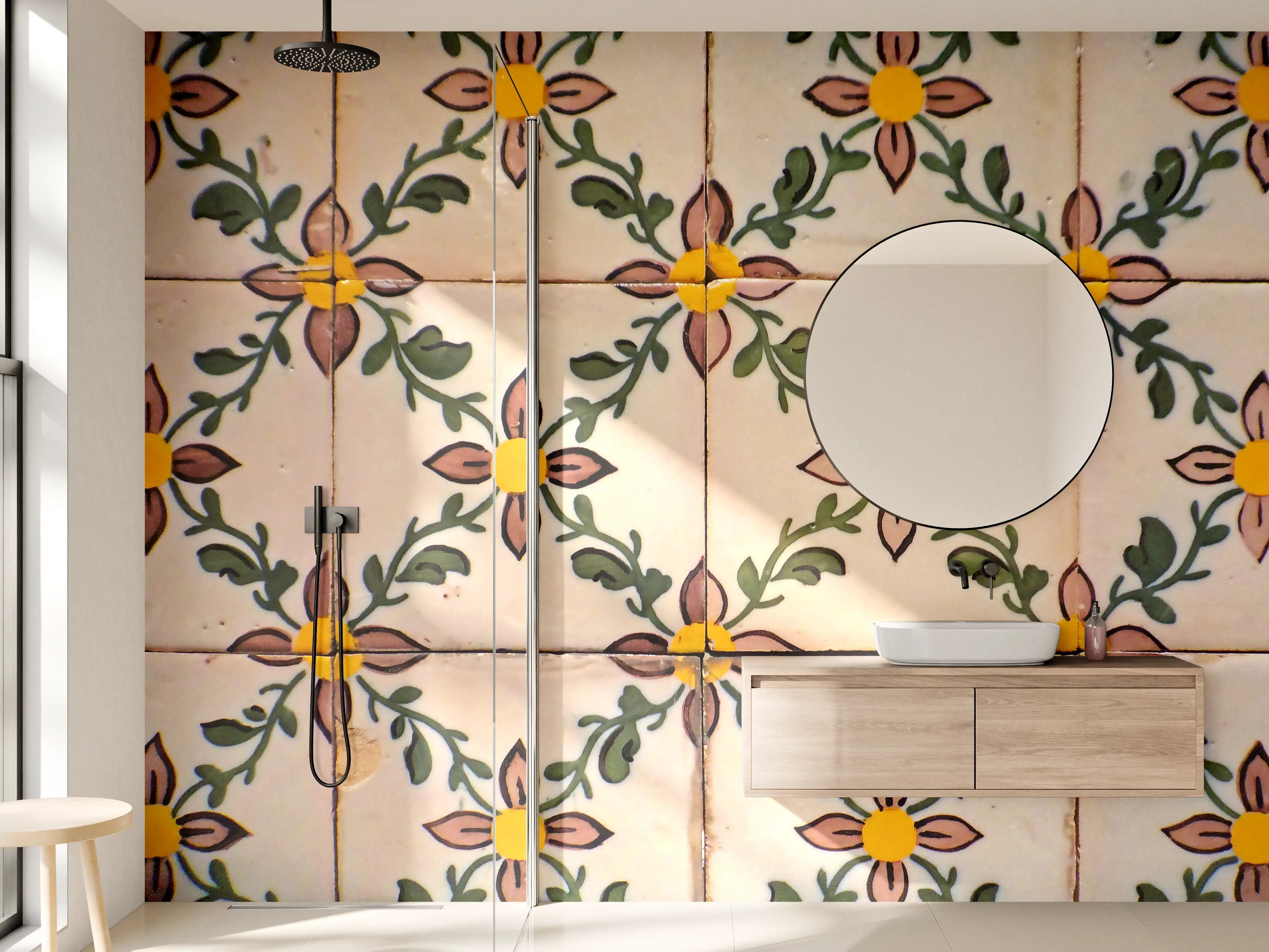 Wandverkleidung Bad - Künstlerische Fliesen mit floralem Muster in warmen Tönen