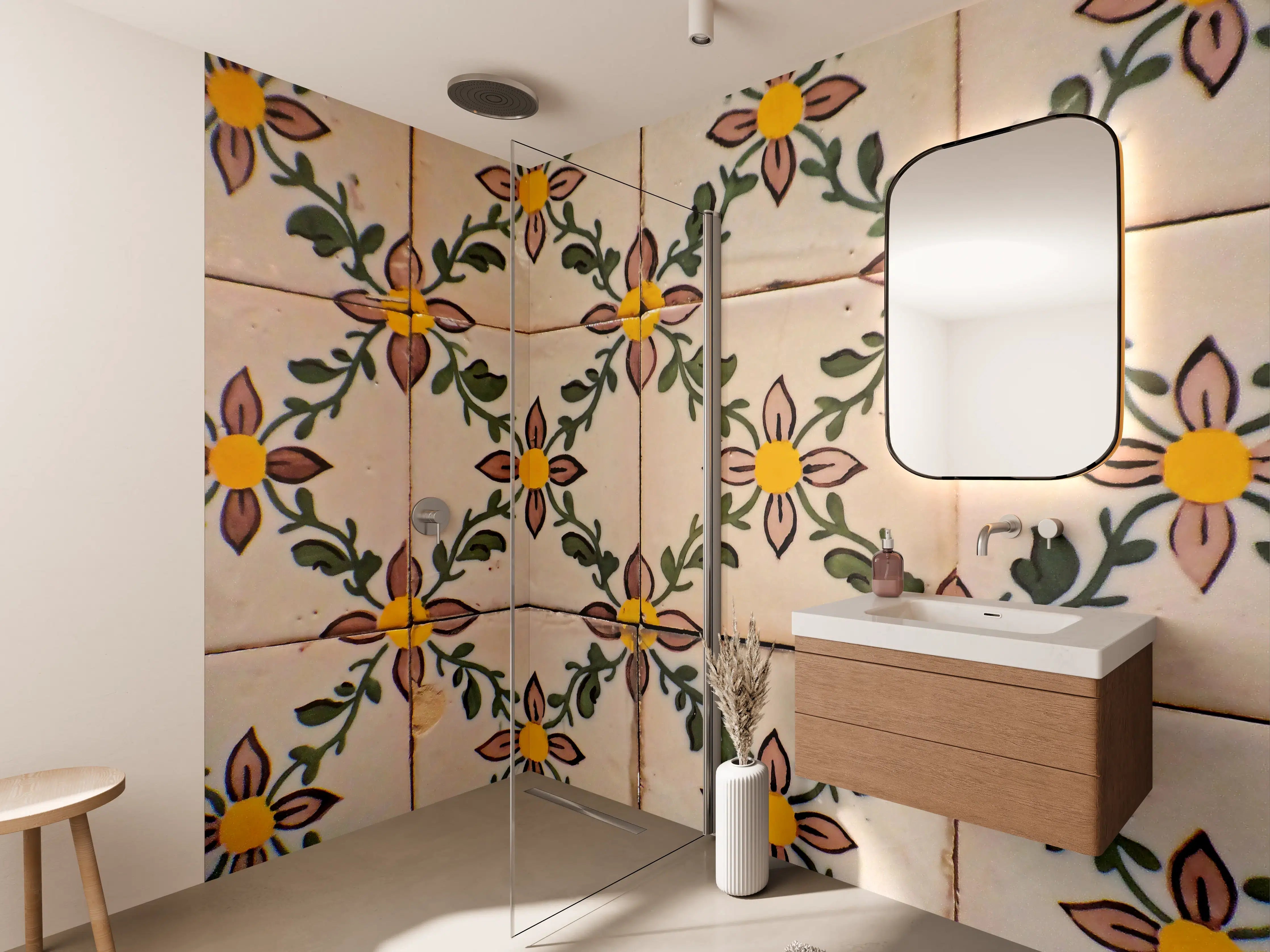 Wandverkleidung Bad - Künstlerische Fliesen mit floralem Muster in warmen Tönen