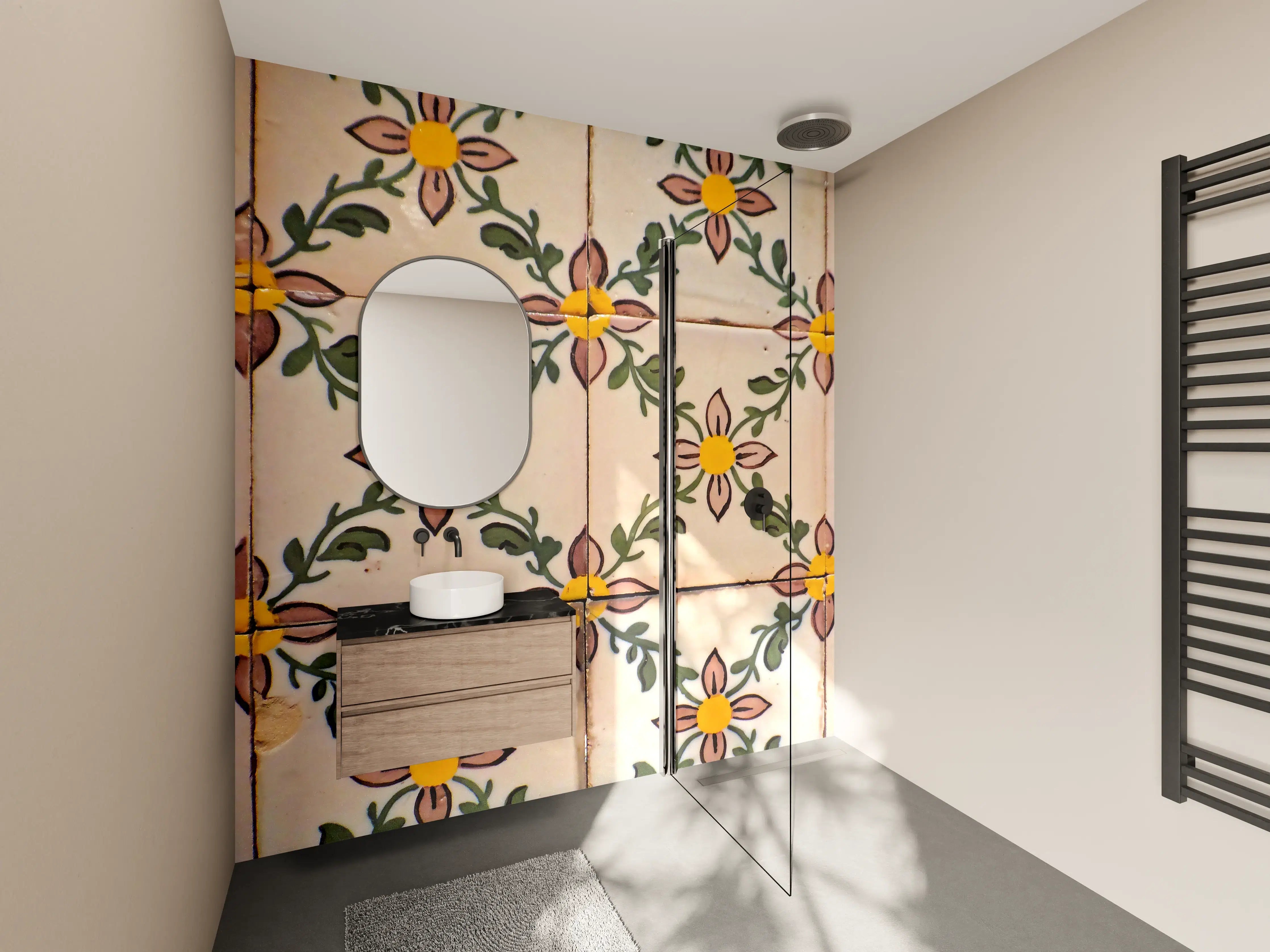 Wandverkleidung Bad - Künstlerische Fliesen mit floralem Muster in warmen Tönen