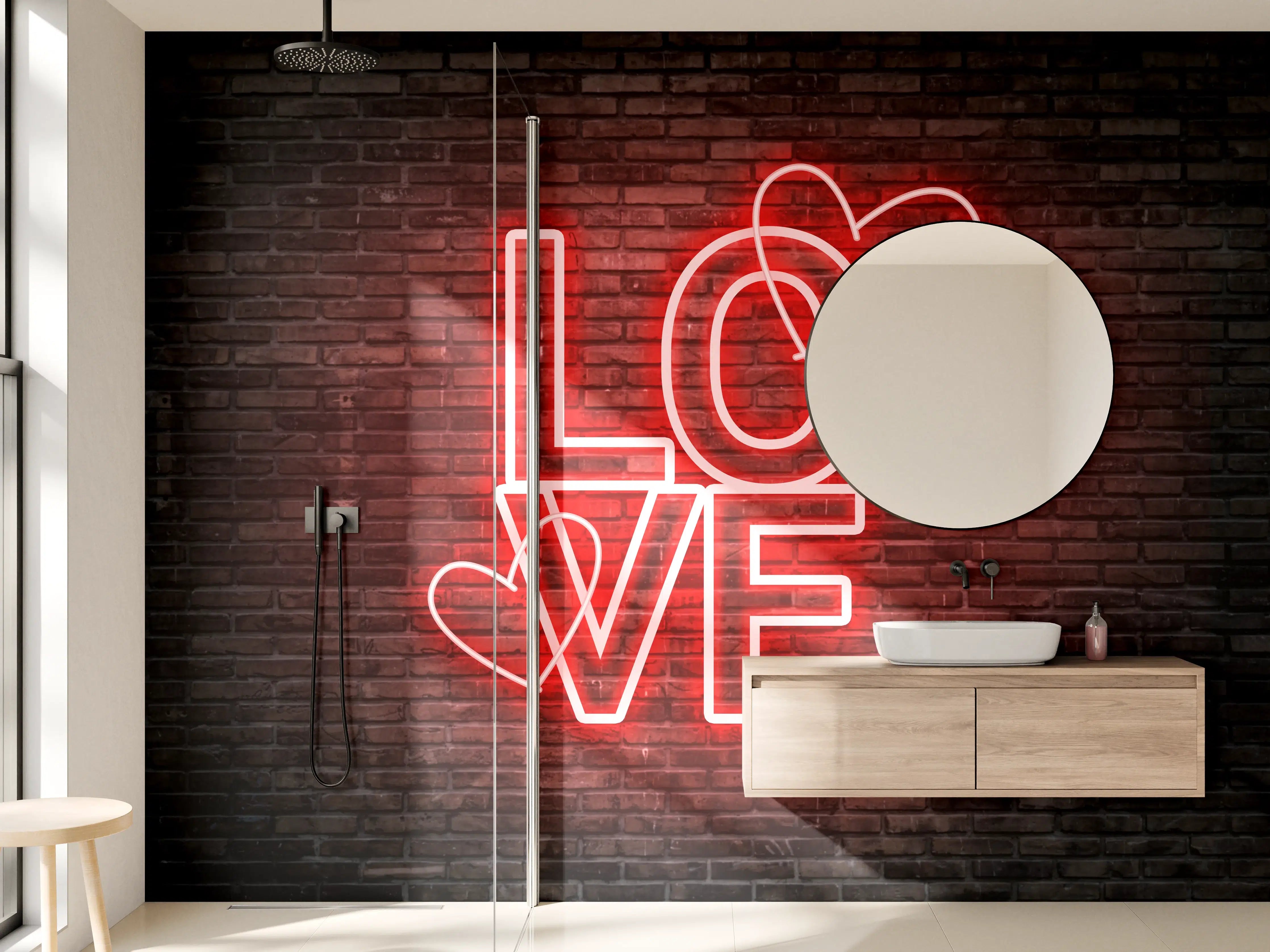 Wandverkleidung Bad - LED Love Symbol an Steinmauer
