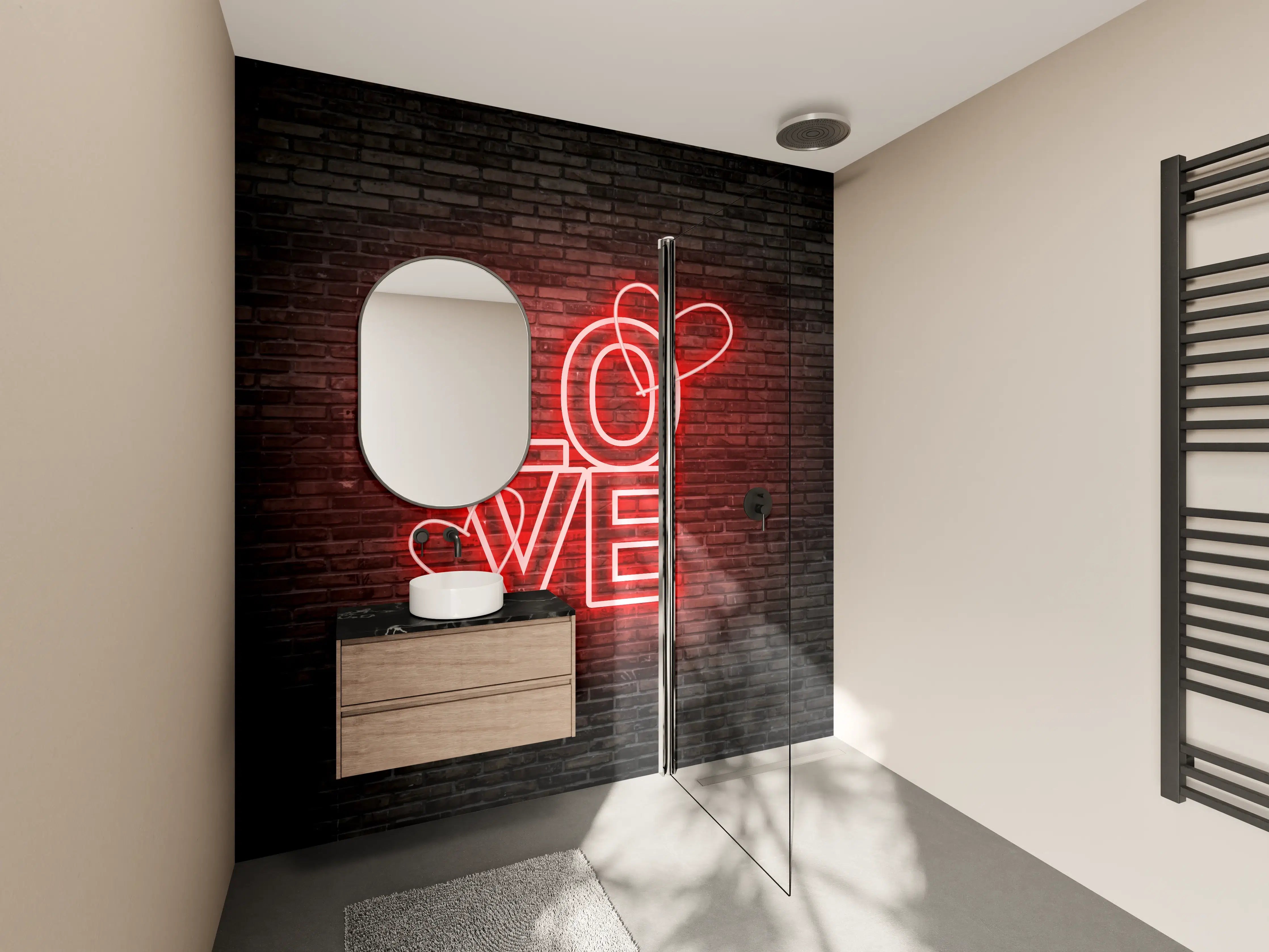 Wandverkleidung Bad - LED Love Symbol an Steinmauer