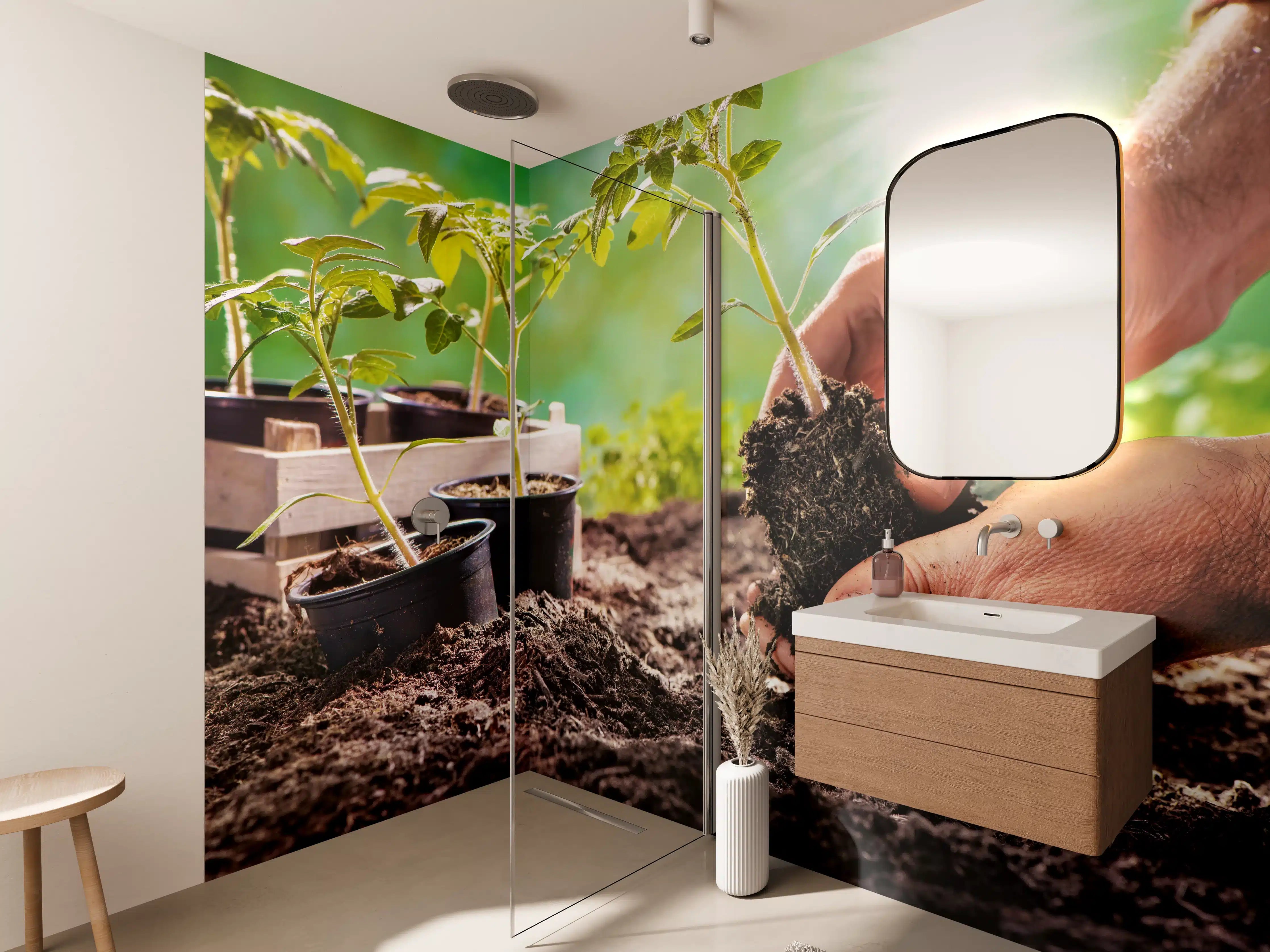 Wandverkleidung Bad - Landwirt pflanzt Tomatensetzlinge