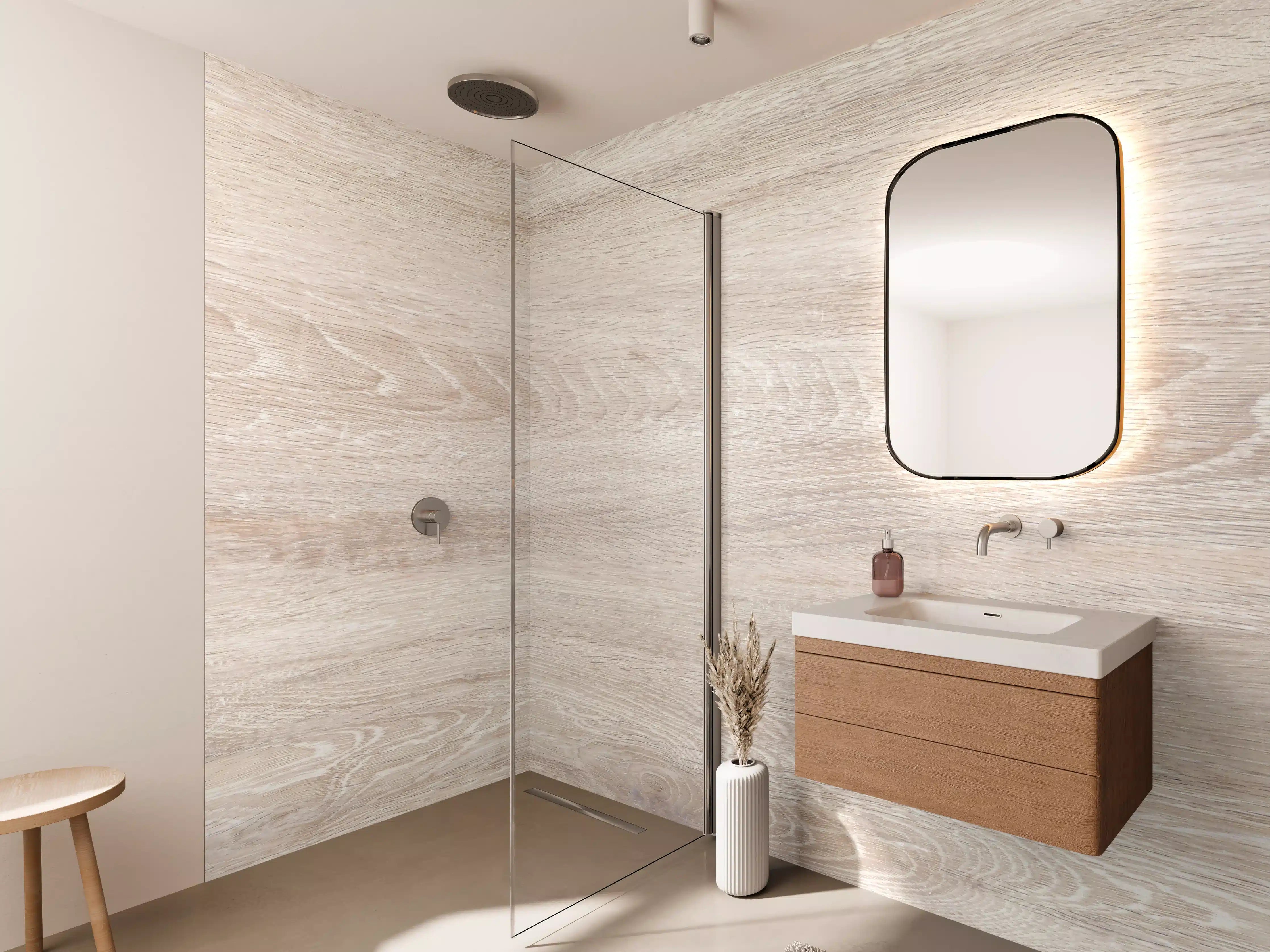 Wandverkleidung Bad - Lange beige Holzplatte