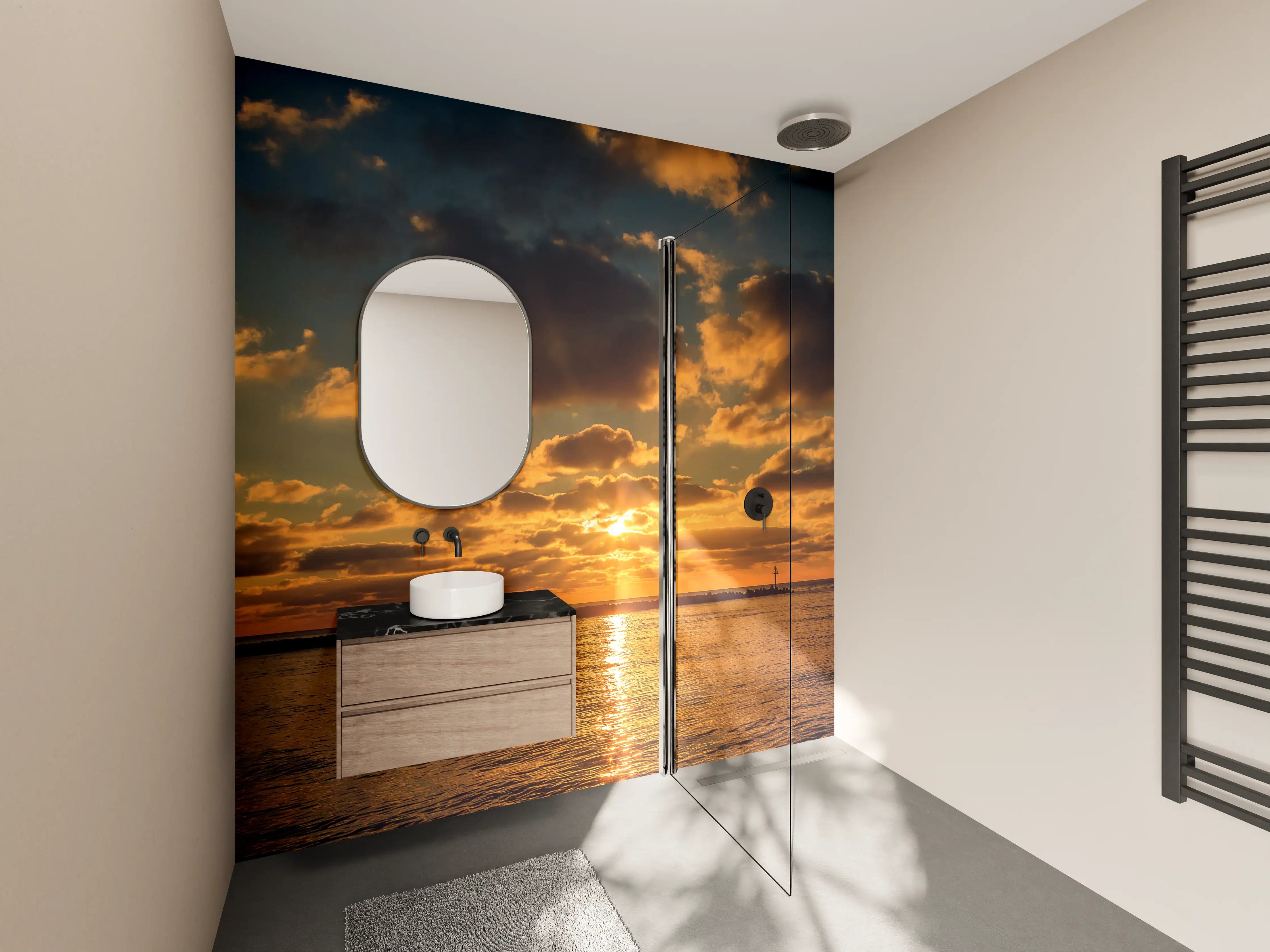 Wandverkleidung Bad - Laue Sonnenuntergangsstimmung am Wasser