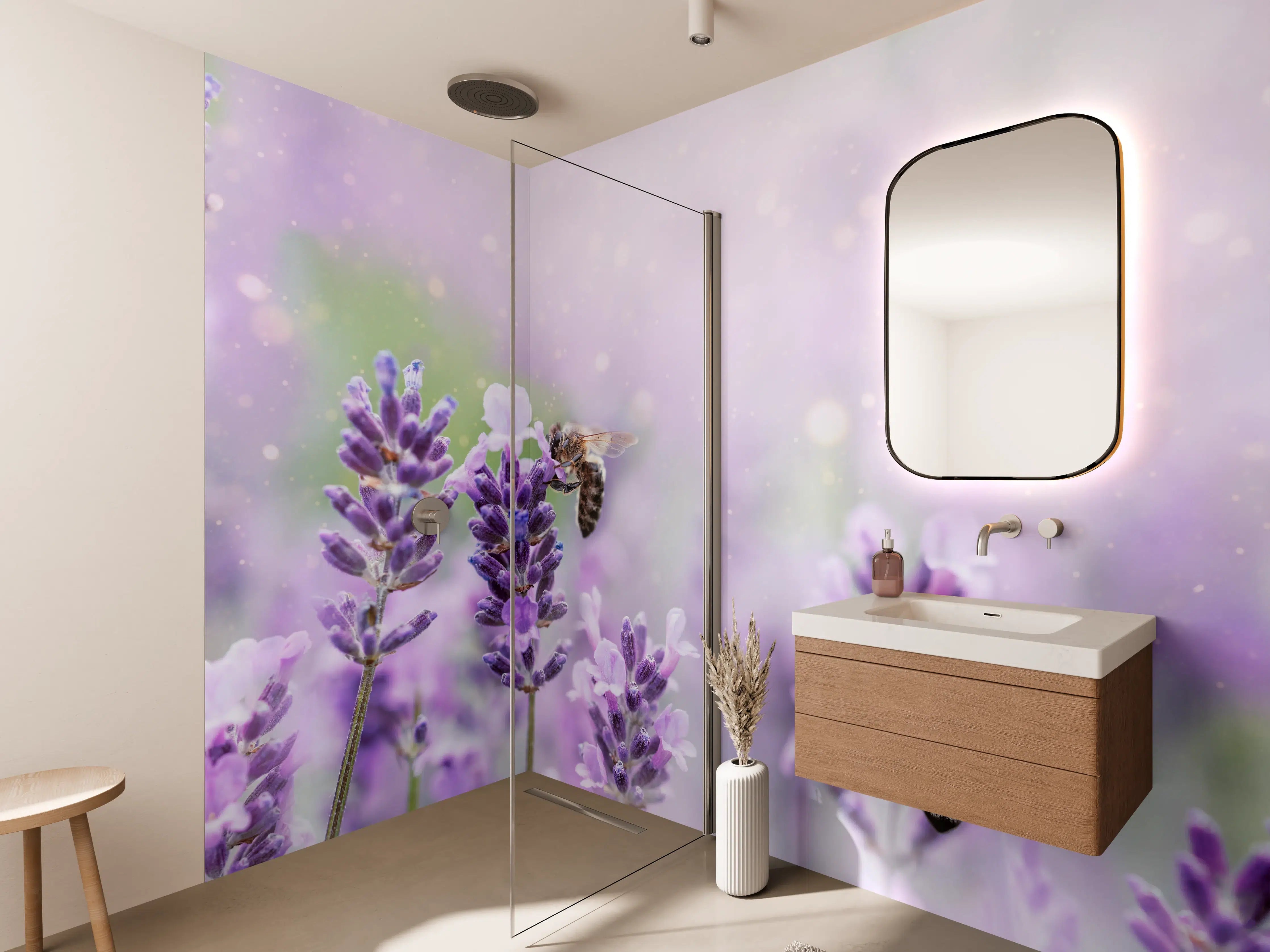 Wandverkleidung Bad - Lavendelfeld mit Bienen