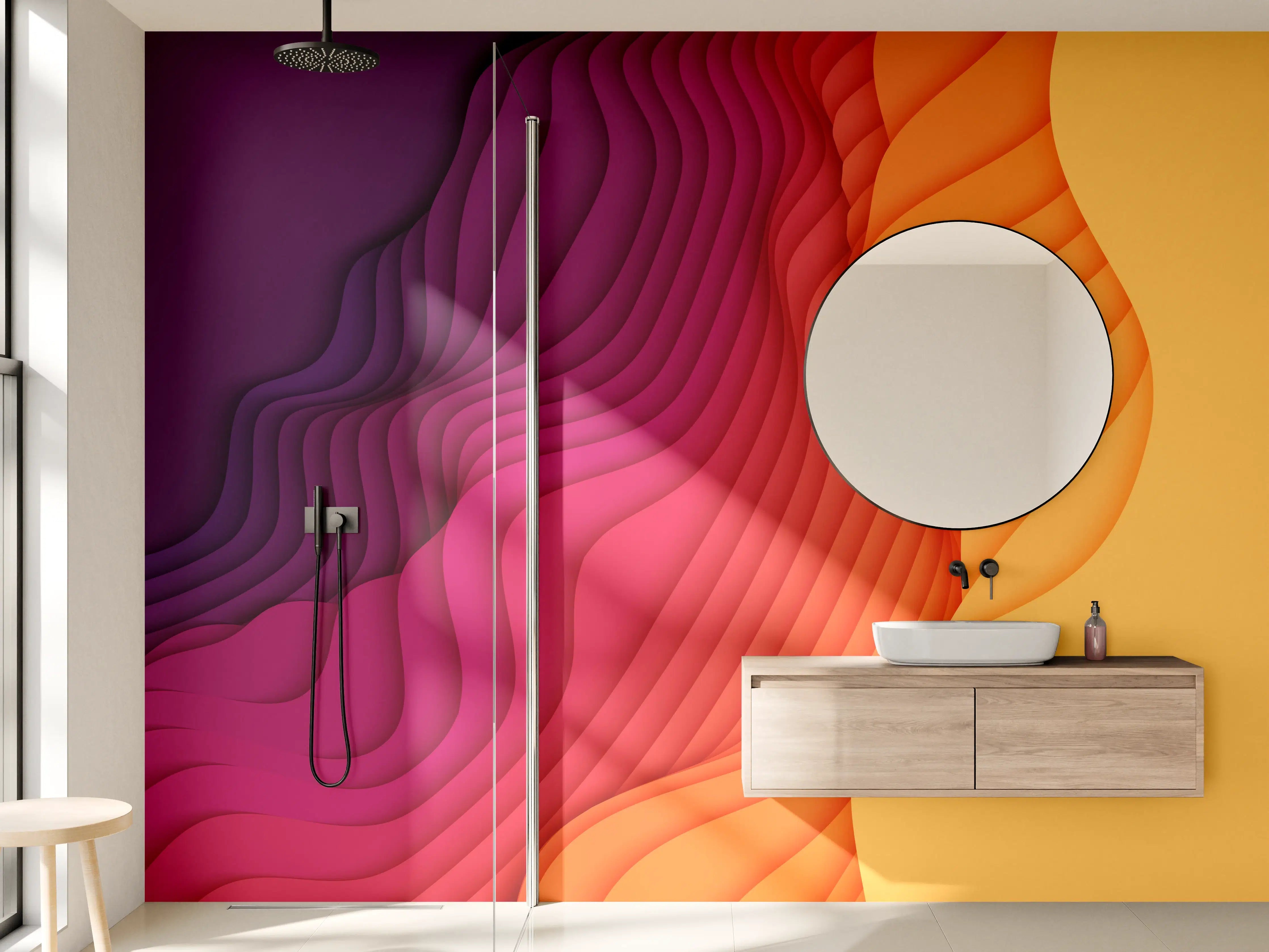 Wandverkleidung Bad - Lebendige Farbkleckse in Orange, Rosa und Violett