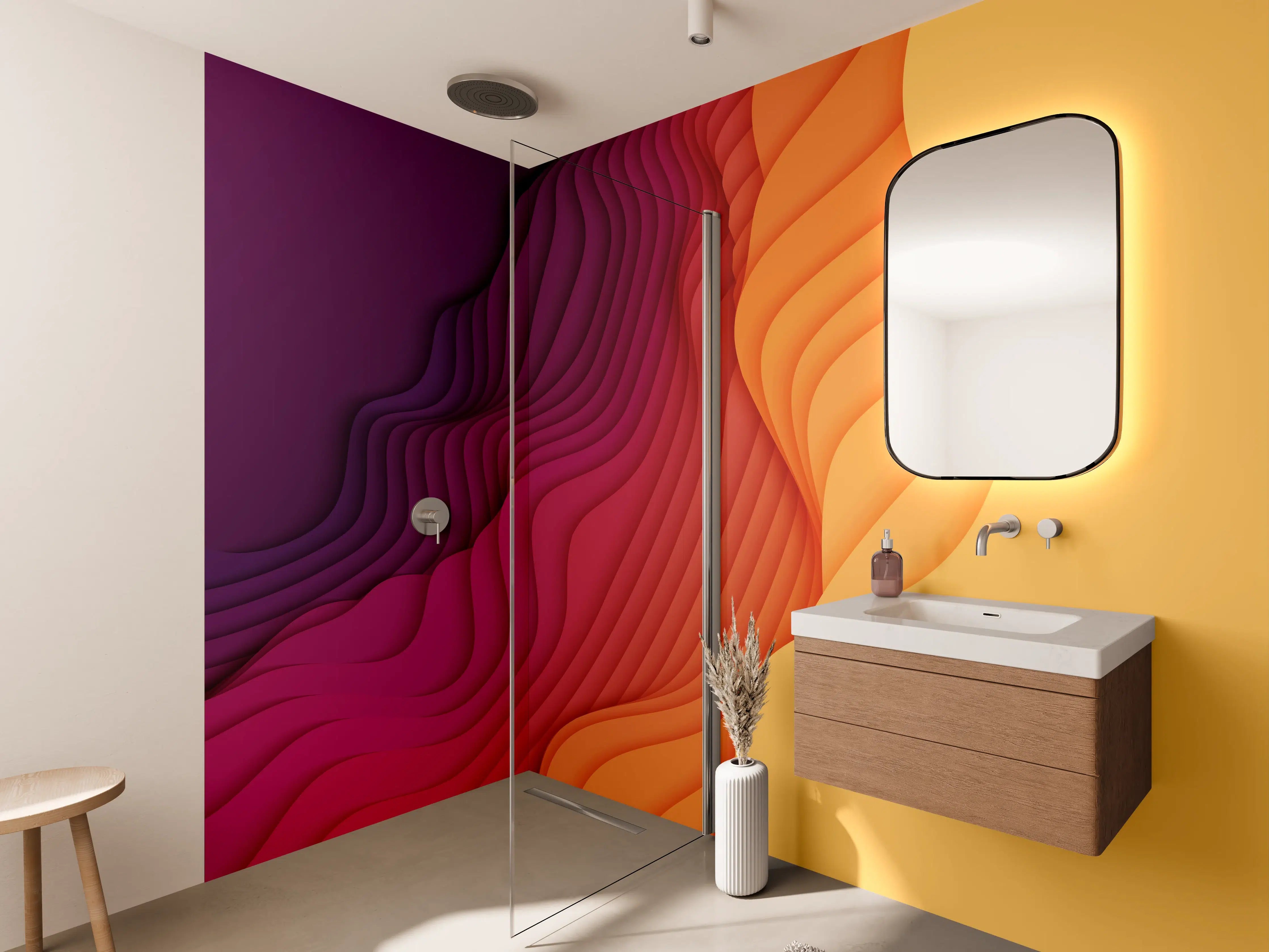 Wandverkleidung Bad - Lebendige Farbkleckse in Orange, Rosa und Violett