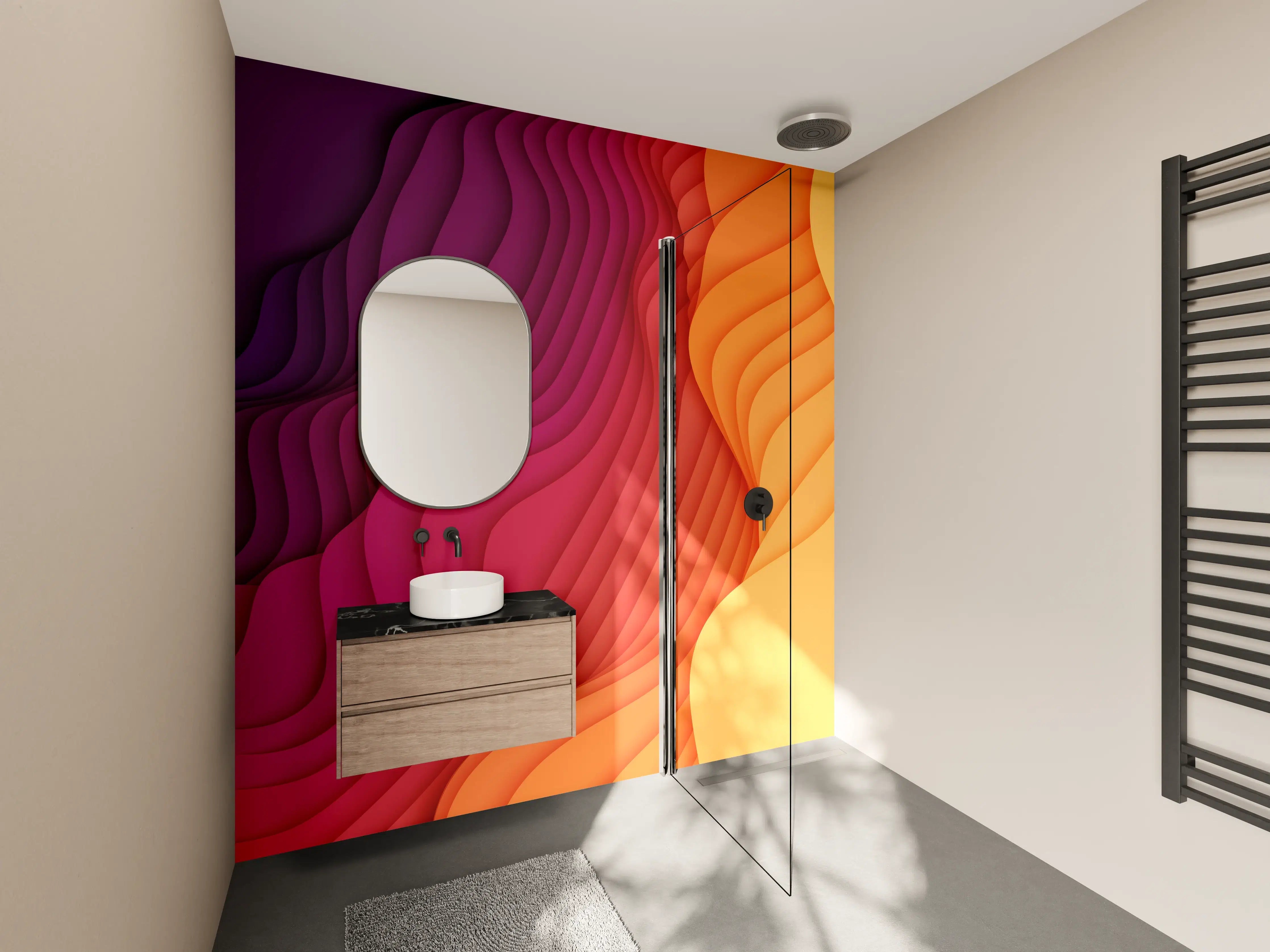 Wandverkleidung Bad - Lebendige Farbkleckse in Orange, Rosa und Violett