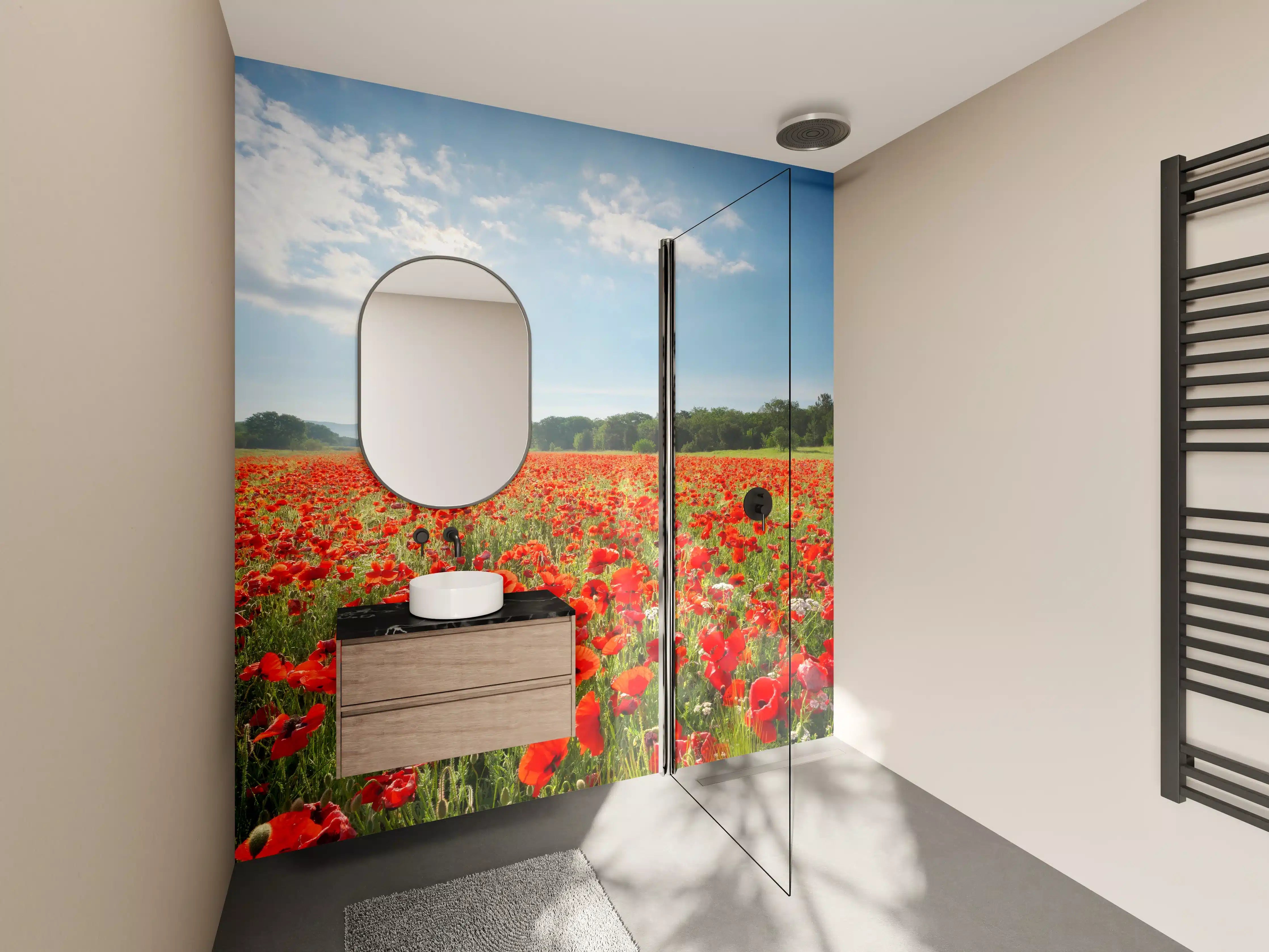 Wandverkleidung Bad - Lebendige Mohnblumenfeld bei Sonnenschein