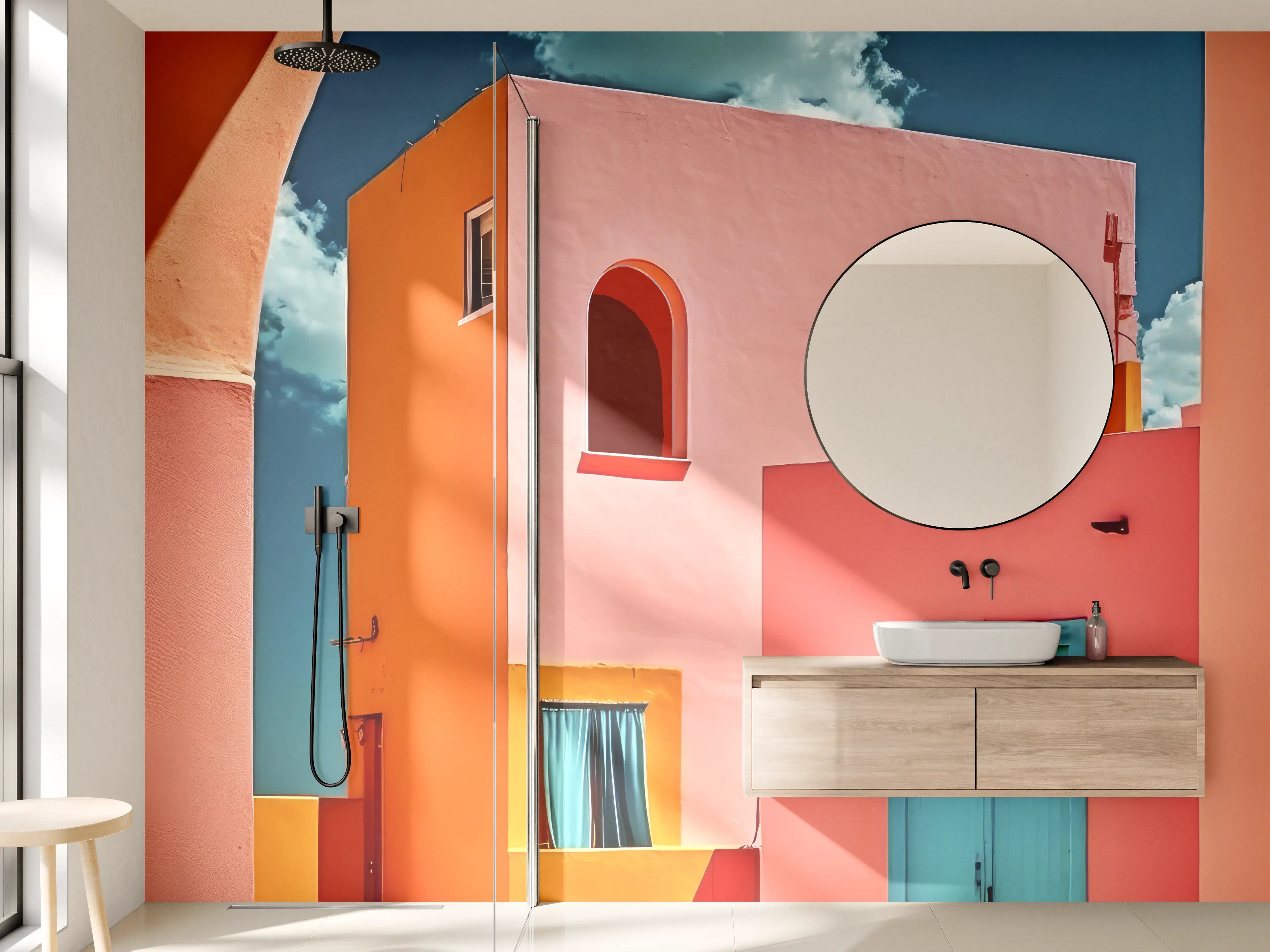 Wandverkleidung Bad - Lebendige bunte Häuser im sonnigen Himmel