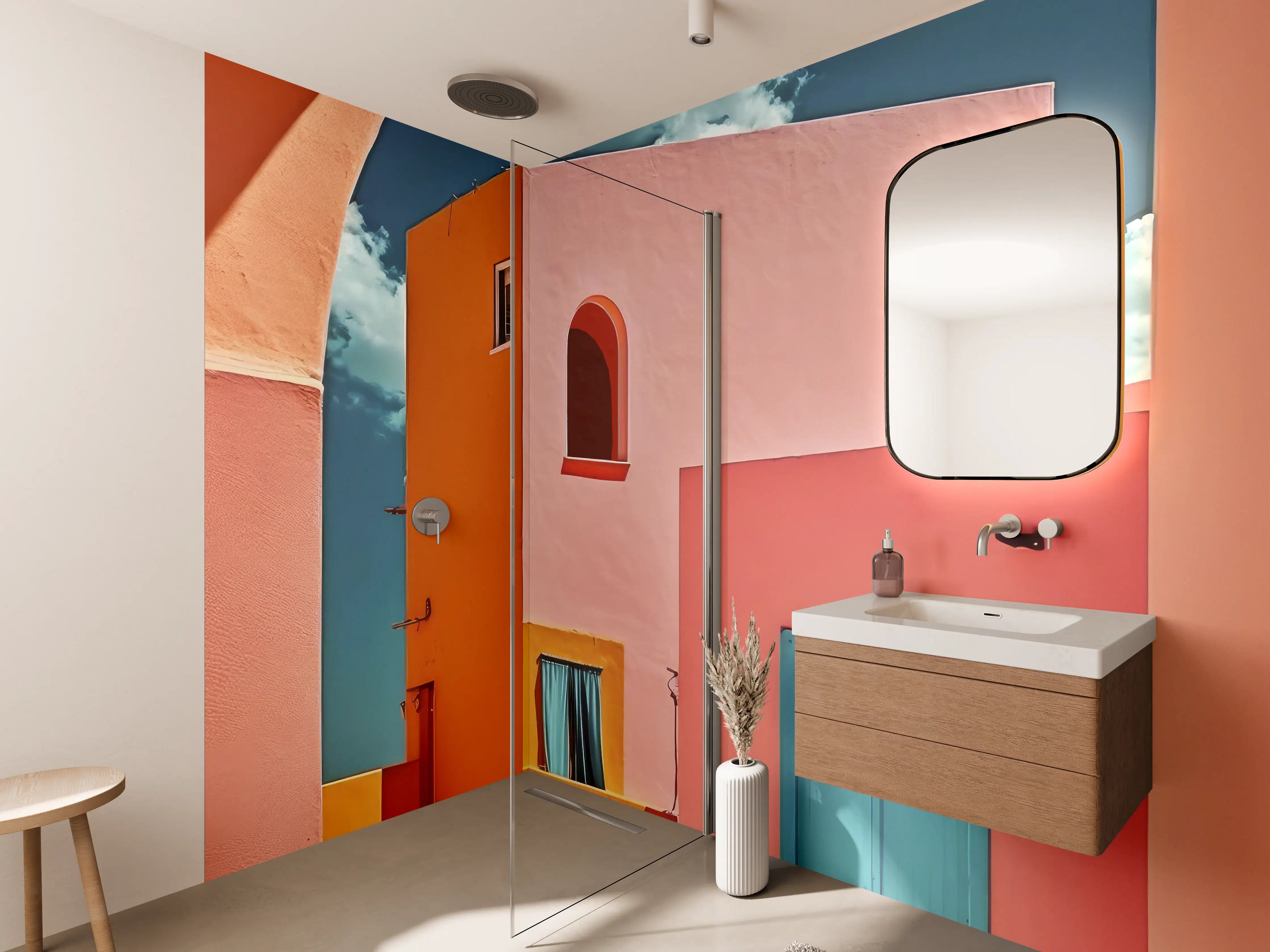 Wandverkleidung Bad - Lebendige bunte Häuser im sonnigen Himmel