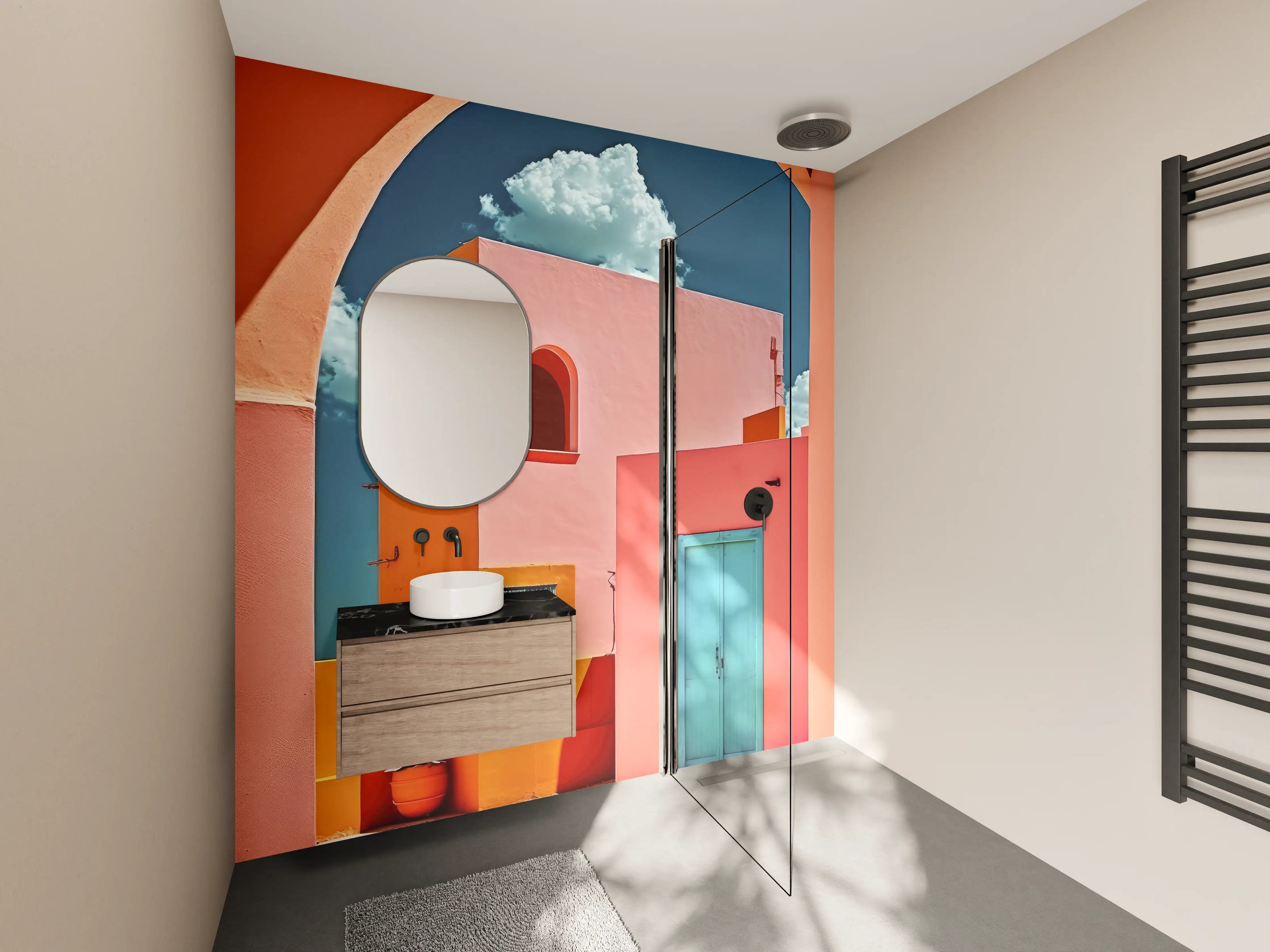 Wandverkleidung Bad - Lebendige bunte Häuser im sonnigen Himmel