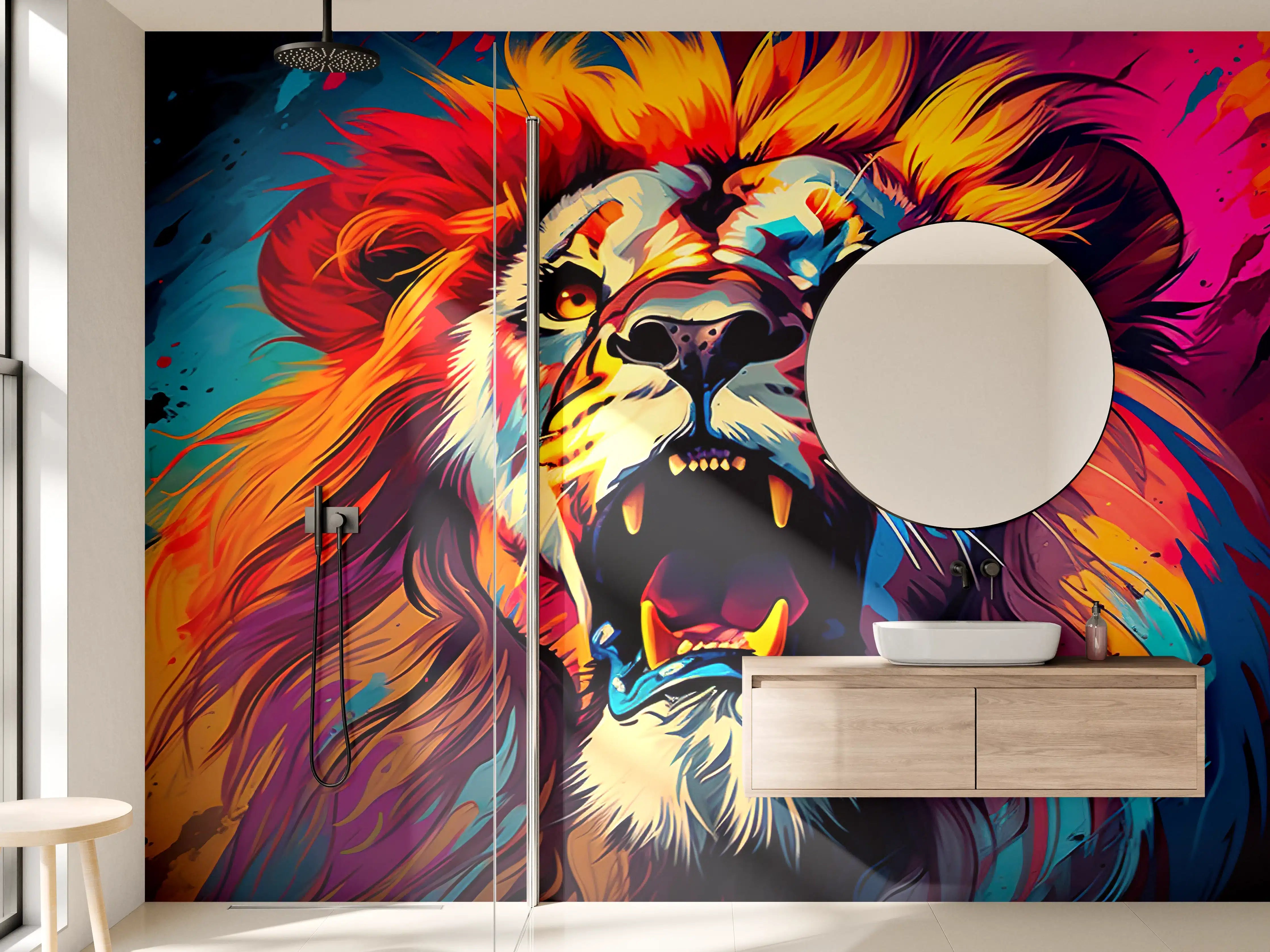Wandverkleidung Bad - Lebendiger Löwe in buntem Farbspektakel