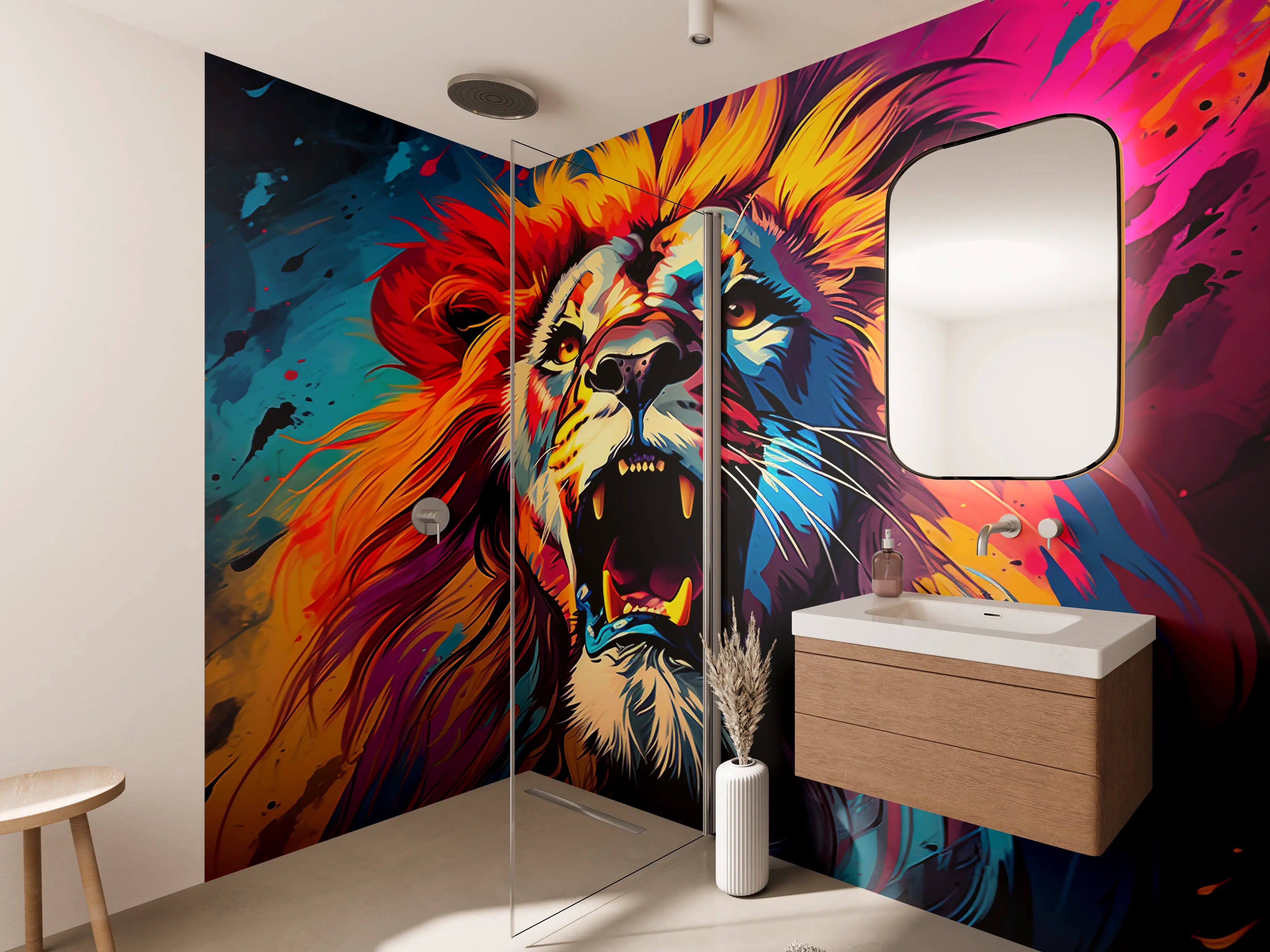 Wandverkleidung Bad - Lebendiger Löwe in buntem Farbspektakel