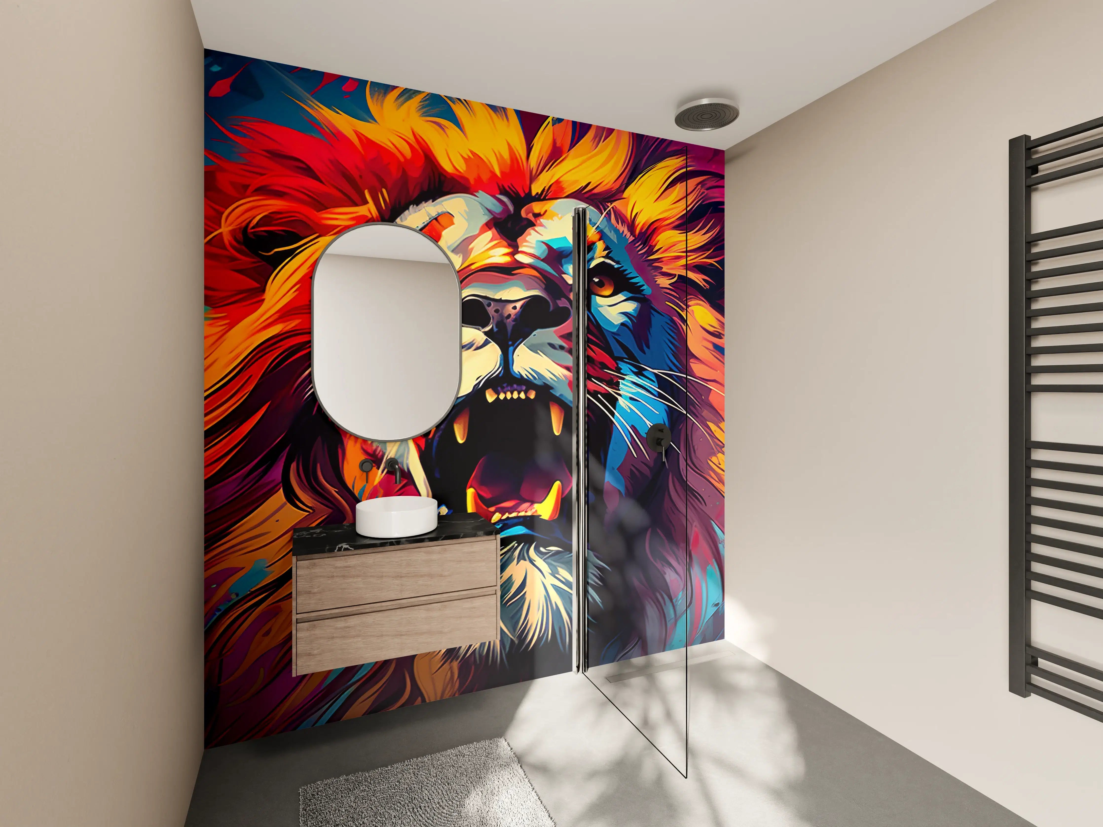 Wandverkleidung Bad - Lebendiger Löwe in buntem Farbspektakel