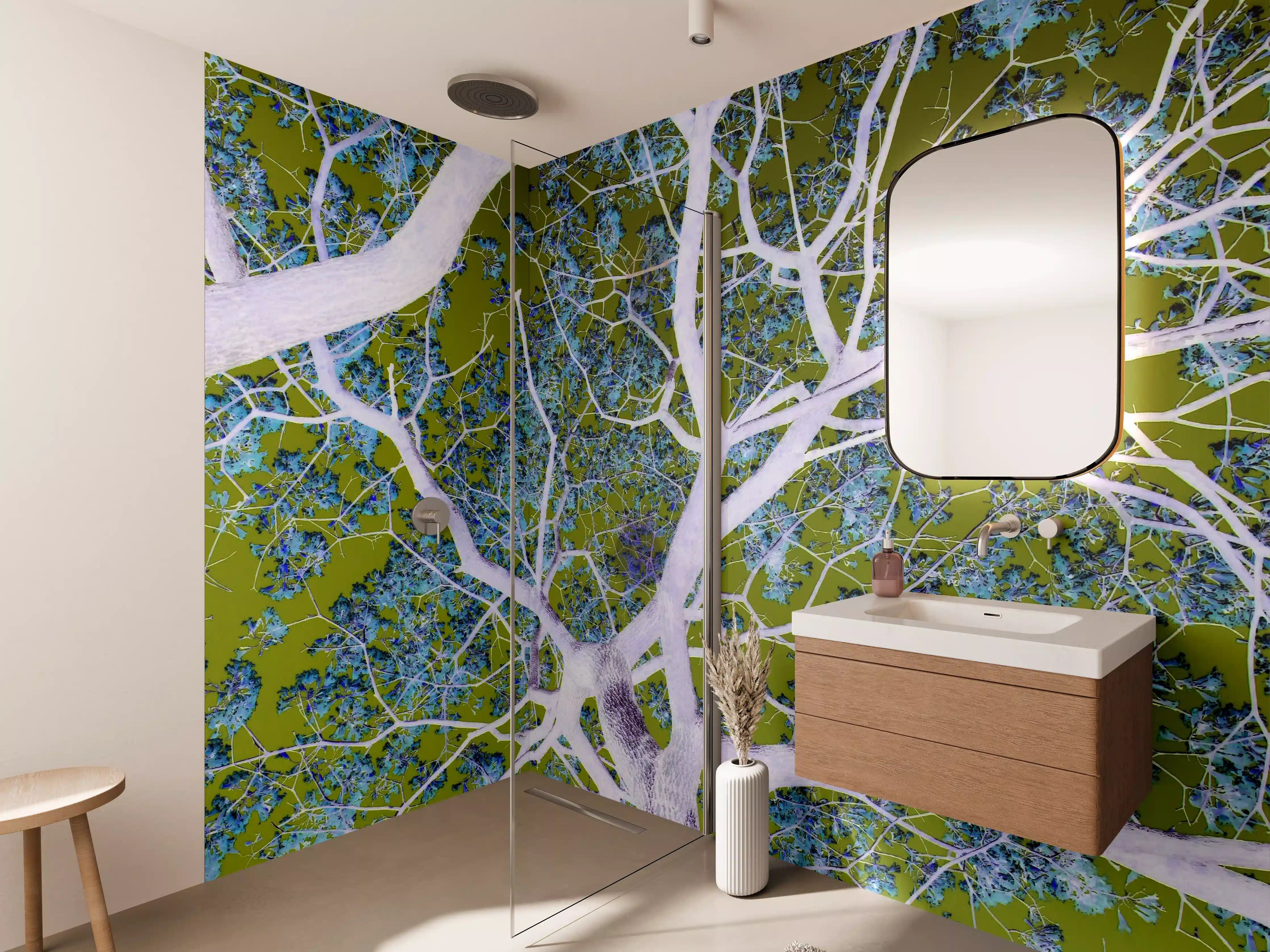 Wandverkleidung Bad - Leuchtend weißer Baum mit grünen Blättern