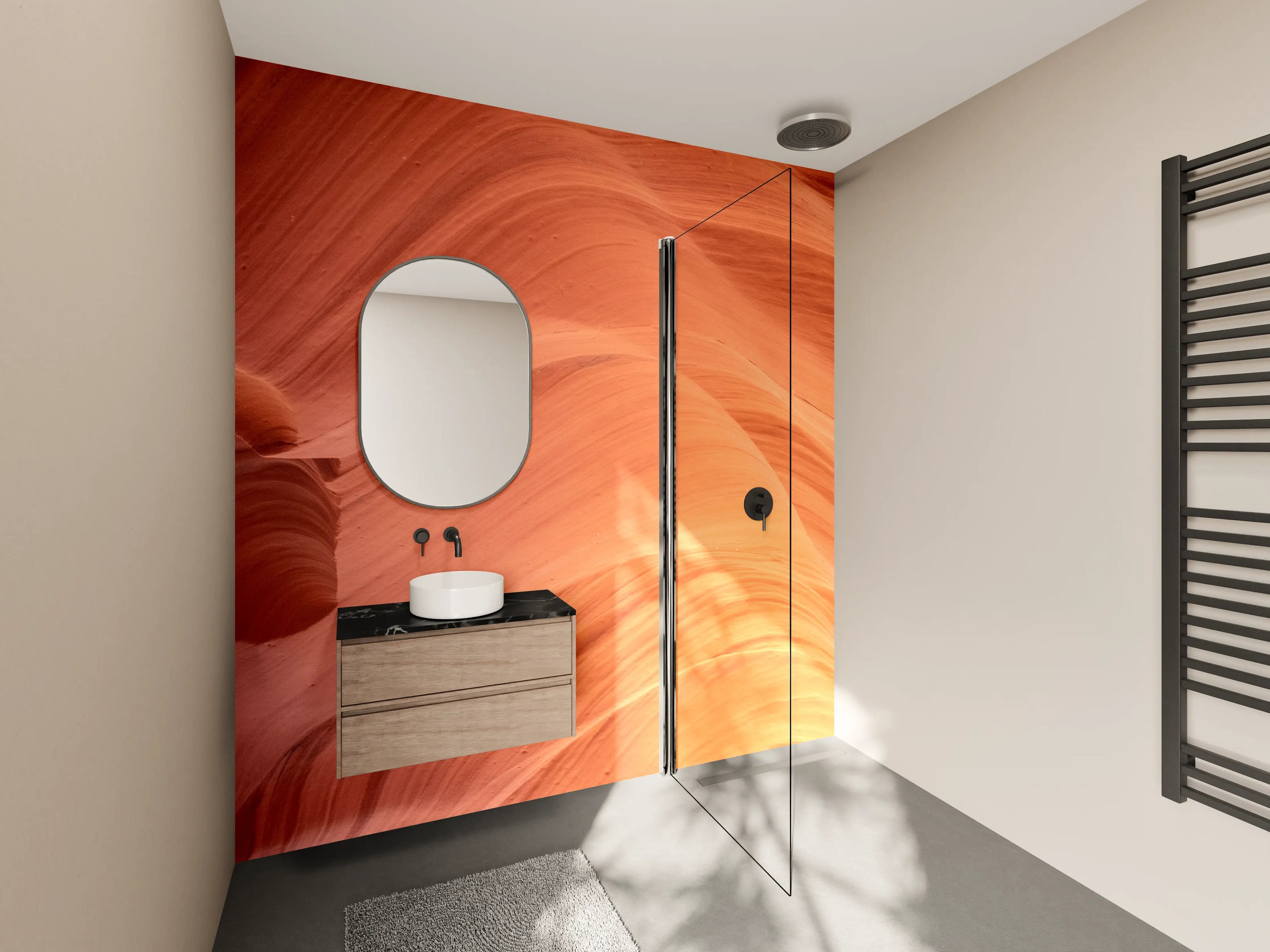 Wandverkleidung Bad - Leuchtende Felsformation in warmen Orangetönen
