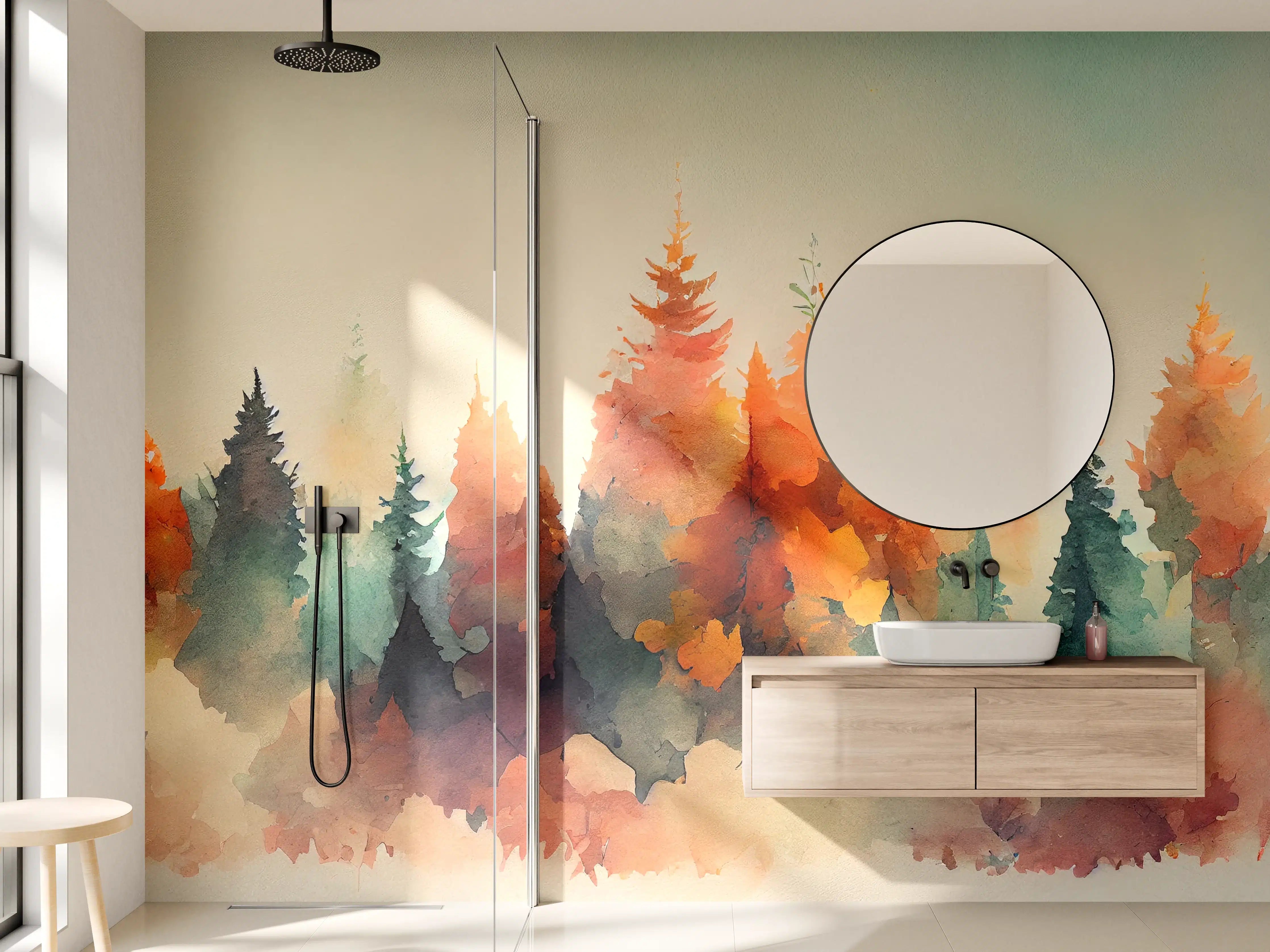 Wandverkleidung Bad - Leuchtende Herbstwälder in Aquarelltechnik