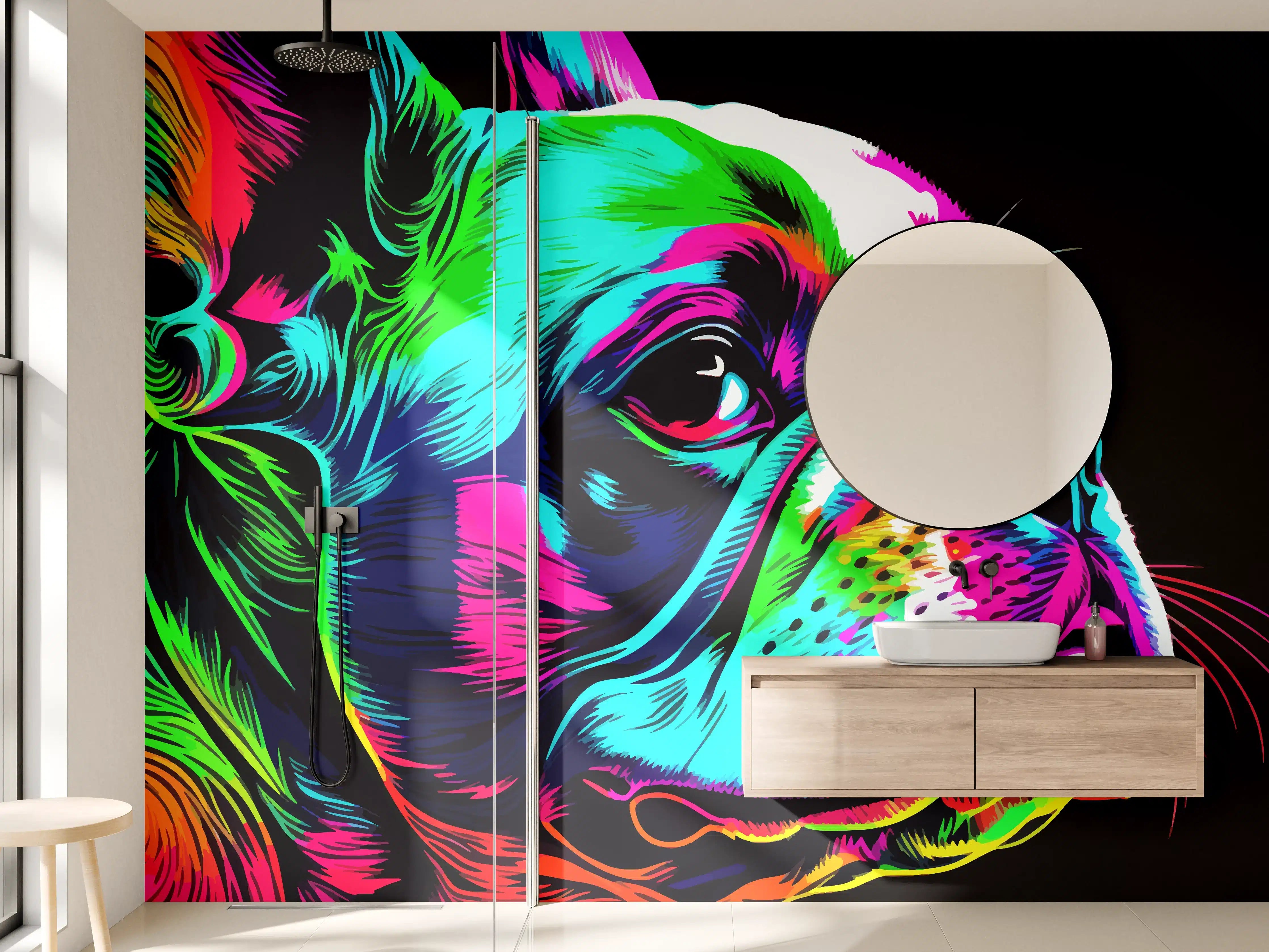 Wandverkleidung Bad - Leuchtende Hundeportrait-Kunst