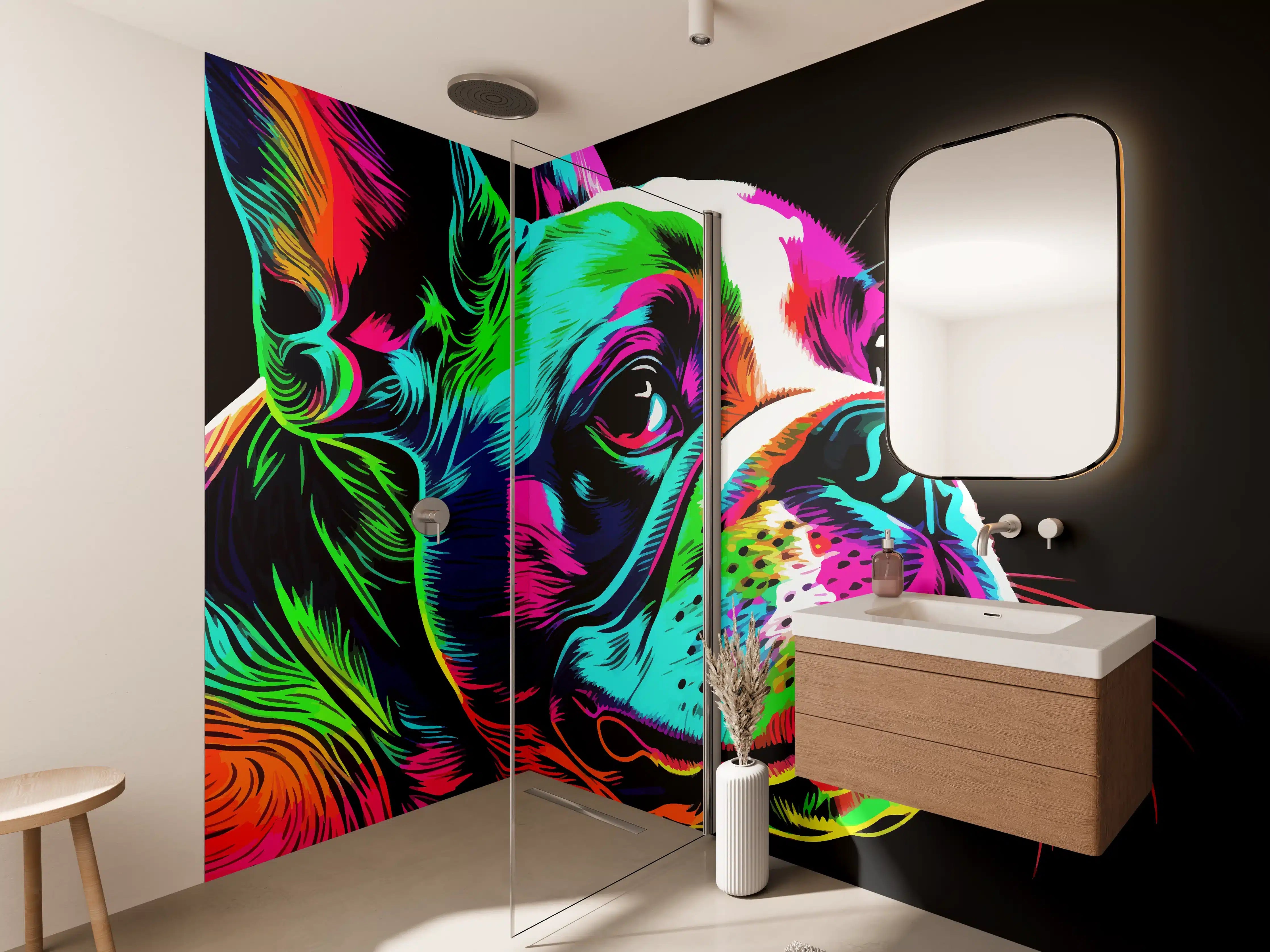 Wandverkleidung Bad - Leuchtende Hundeportrait-Kunst
