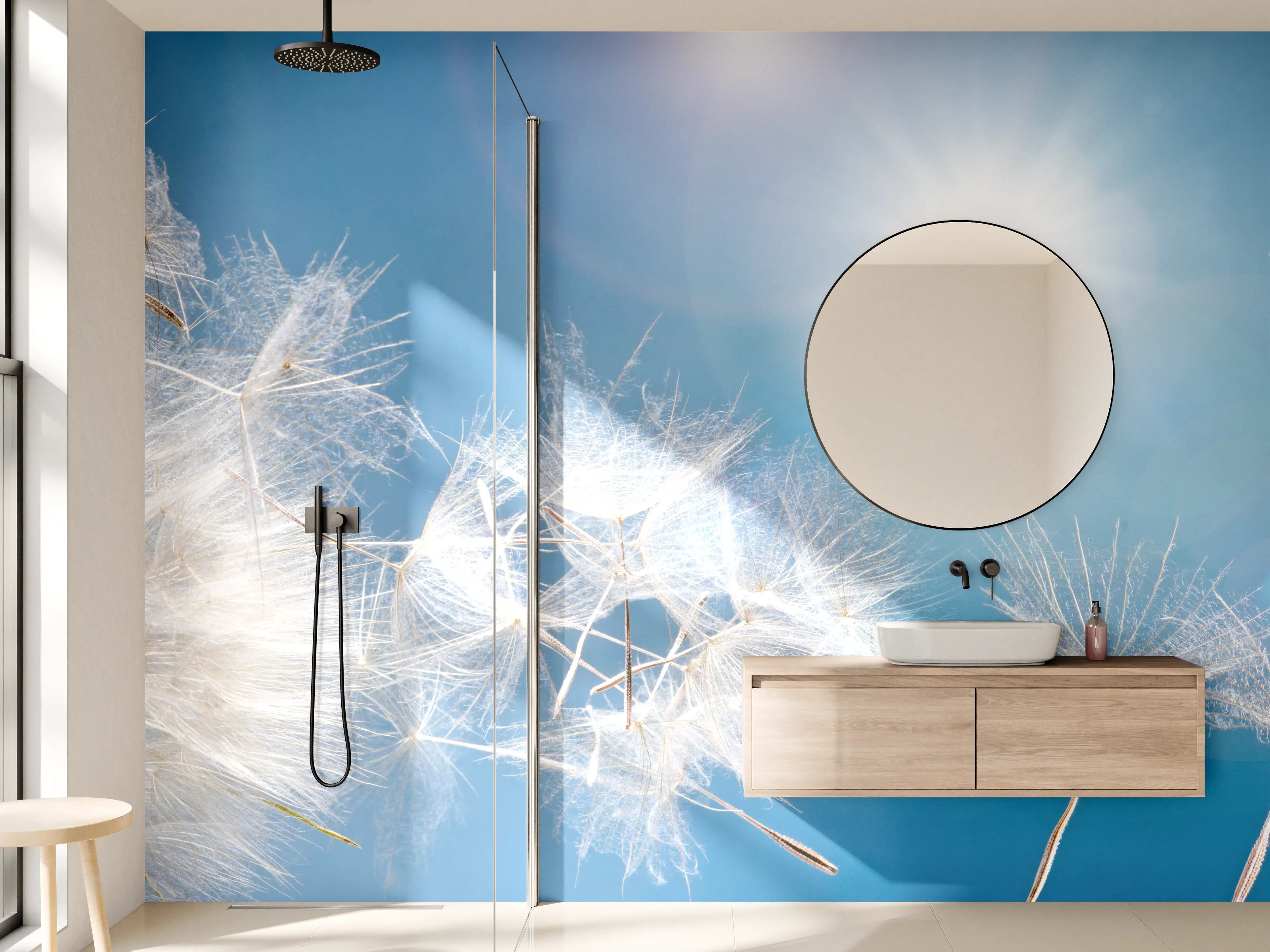 Wandverkleidung Bad - Leuchtende Pusteblumen im Sonnenschein