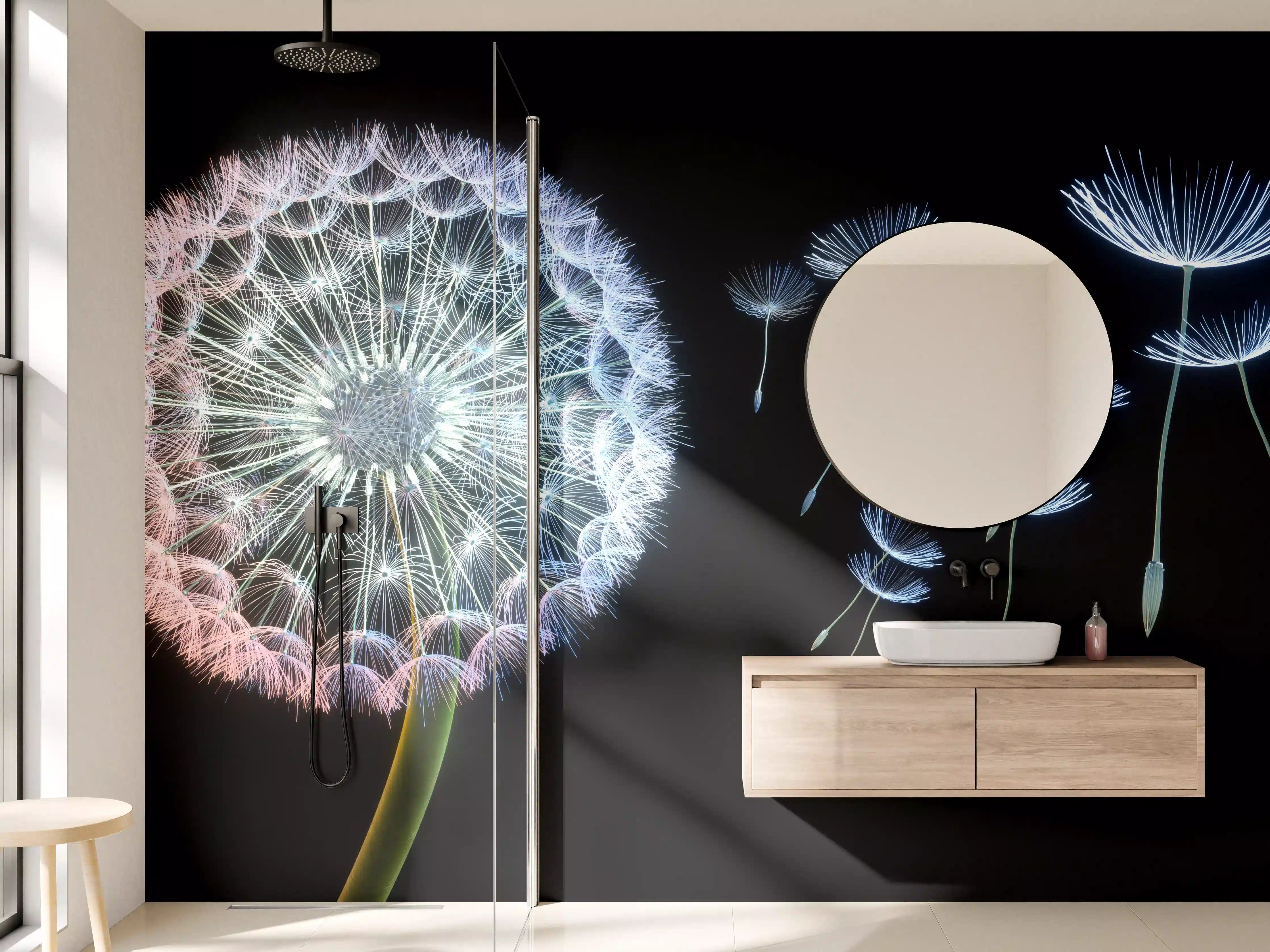 Wandverkleidung Bad - Leuchtende Pusteblumen in dunklem Hintergrund