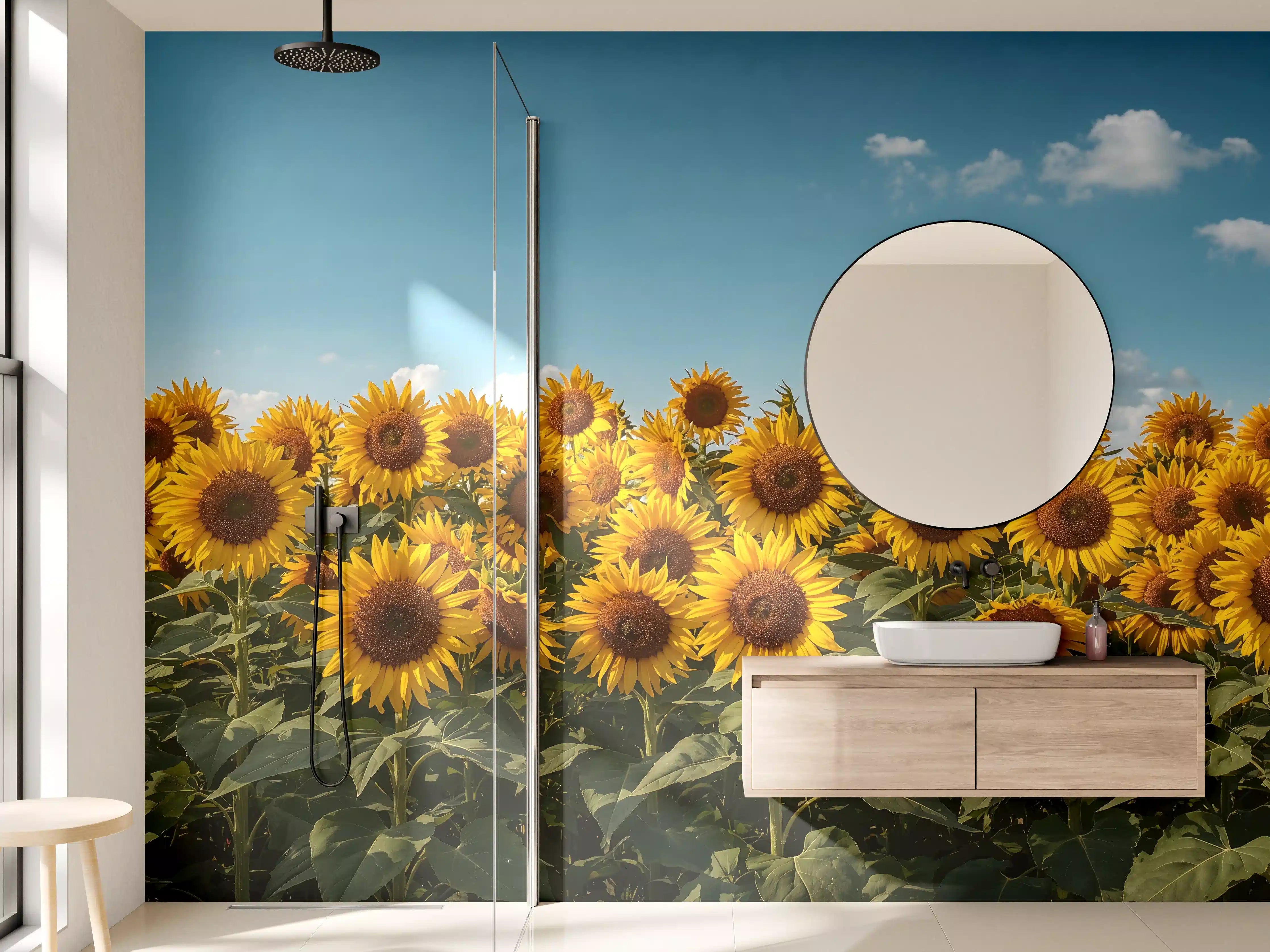 Wandverkleidung Bad - Leuchtende Sonnenblumenfelder bei Sonnenschein